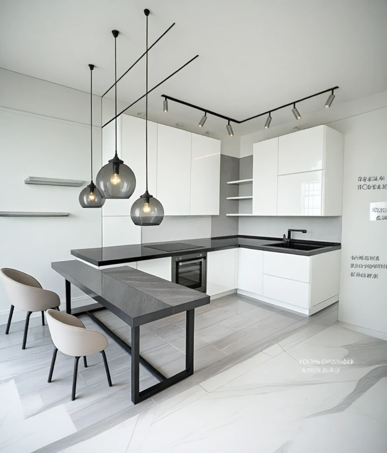 Raw photo,Masterpiece, high quality, best quality, authentic, super detail, indoors, interior , ((  white hanging cabinet and grey glossy standing cabinet : 1.7 )) ,( Kitchen and dinning : 1.3 ), modern style, daylight, (WHITE WALL),luxury, marble tile floor, fridge, black stone counter top, window