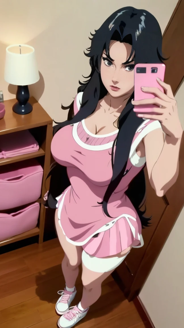 Yuhi Kurenai, very beautiful, with glasses, blue eyes, very giant breasts , shaped legs, very large buttocks, long wavy black hair, ((He is in his room taking a selfie))  ((dressed in a pink bunny costume with a very tiny, wide microskirt in very sexy and sensual colors and white sneakers with very long stockings up to her thighs)), posing very sexy and sensual, Very nice room with a large window, good lighting, 4k resolution