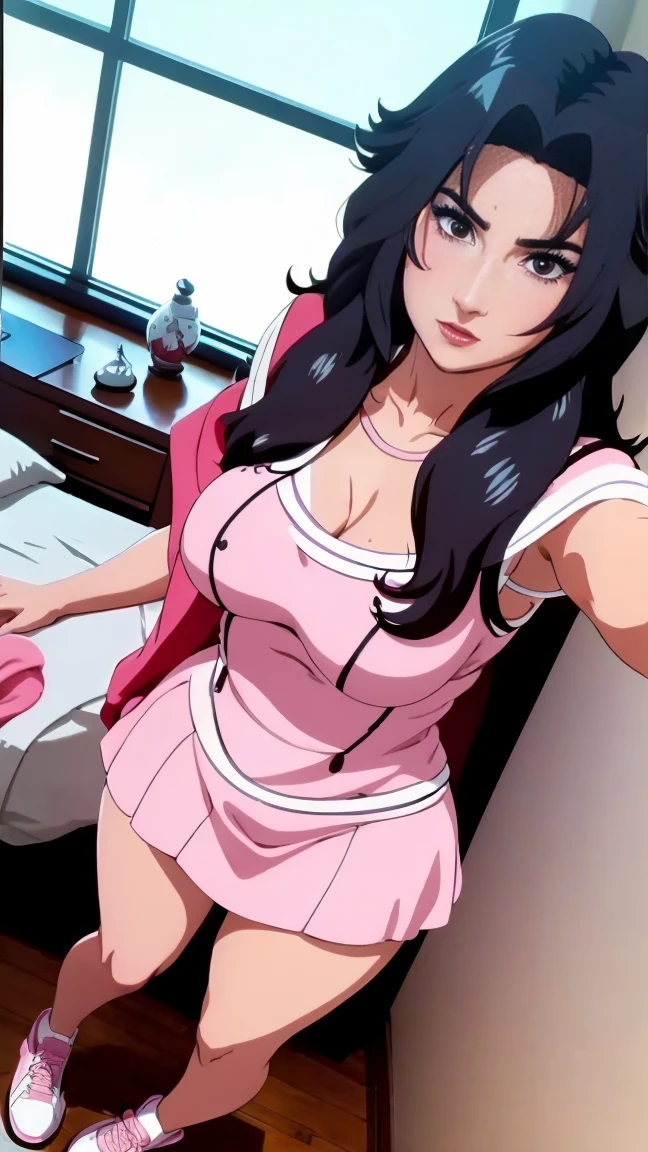 Yuhi Kurenai, very beautiful, with glasses, blue eyes, very giant breasts , shaped legs, very large buttocks, long wavy black hair, ((He is in his room taking a selfie))  ((dressed in a pink bunny costume with a very tiny, wide microskirt in very sexy and sensual colors and white sneakers with very long stockings up to her thighs)), posing very sexy and sensual, Very nice room with a large window, good lighting, 4k resolution