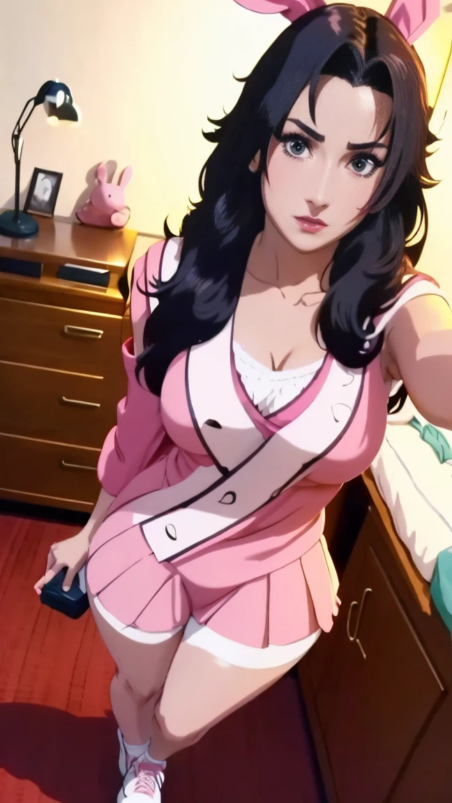 Yuhi Kurenai, very beautiful, with glasses, blue eyes, very giant breasts , shaped legs, very large buttocks, long wavy black hair, ((He is in his room taking a selfie))  ((dressed in a pink bunny costume with a very tiny, wide microskirt in very sexy and sensual colors and white sneakers with very long stockings up to her thighs)), posing very sexy and sensual, Very nice room with a large window, good lighting, 4k resolution