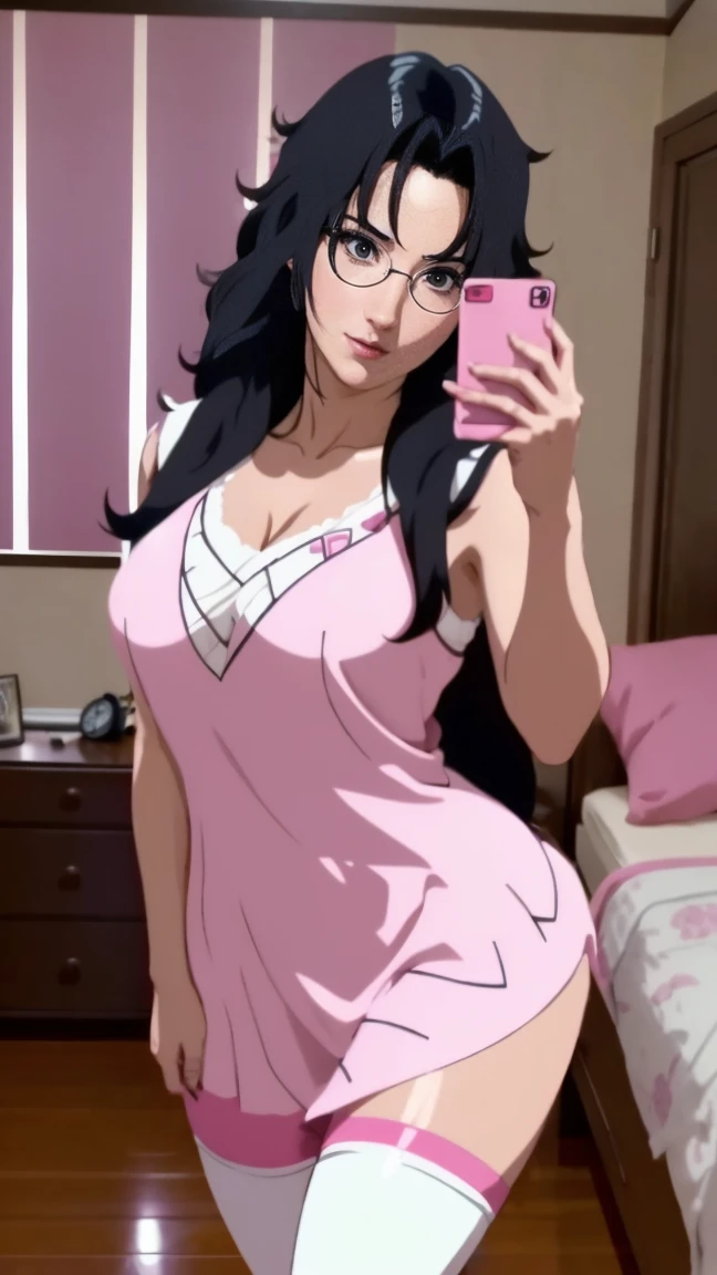 Yuhi Kurenai, very beautiful, with glasses, blue eyes, very giant breasts , shaped legs, very large buttocks, long wavy black hair, ((He is in his room taking a selfie))  ((dressed in a pink bunny costume with a very tiny, wide microskirt in very sexy and sensual colors and white sneakers with very long stockings up to her thighs)), posing very sexy and sensual, Very nice room with a large window, good lighting, 4k resolution