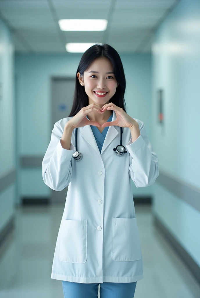 photorealistic, photograph, medium shot, standing, smiling beautiful Japanese female doctor making cheek_heart, slim hourglass figure, narrow waist, beautiful detailed face, black hair, pale skin, fair skin, realistic skin, detailed cloth texture, detailed hair texture, Perfect proportion, Anatomically correct, Highly detailed face and skin texture, private modern hospital room, looking at viewer, asian face , perfect anatomy, realistic,