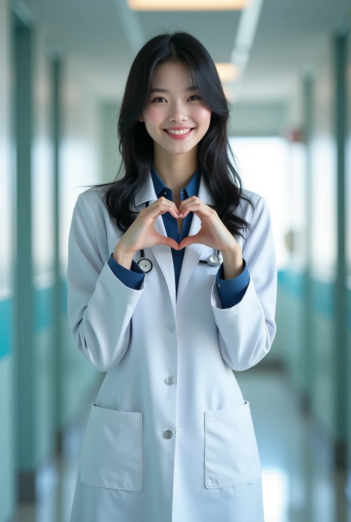 photorealistic, photograph, medium shot, standing, smiling beautiful Japanese female doctor making cheek_heart, slim hourglass figure, narrow waist, beautiful detailed face, black hair, pale skin, fair skin, realistic skin, detailed cloth texture, detailed hair texture, Perfect proportion, Anatomically correct, Highly detailed face and skin texture, private modern hospital room, looking at viewer, asian face , perfect anatomy, realistic,