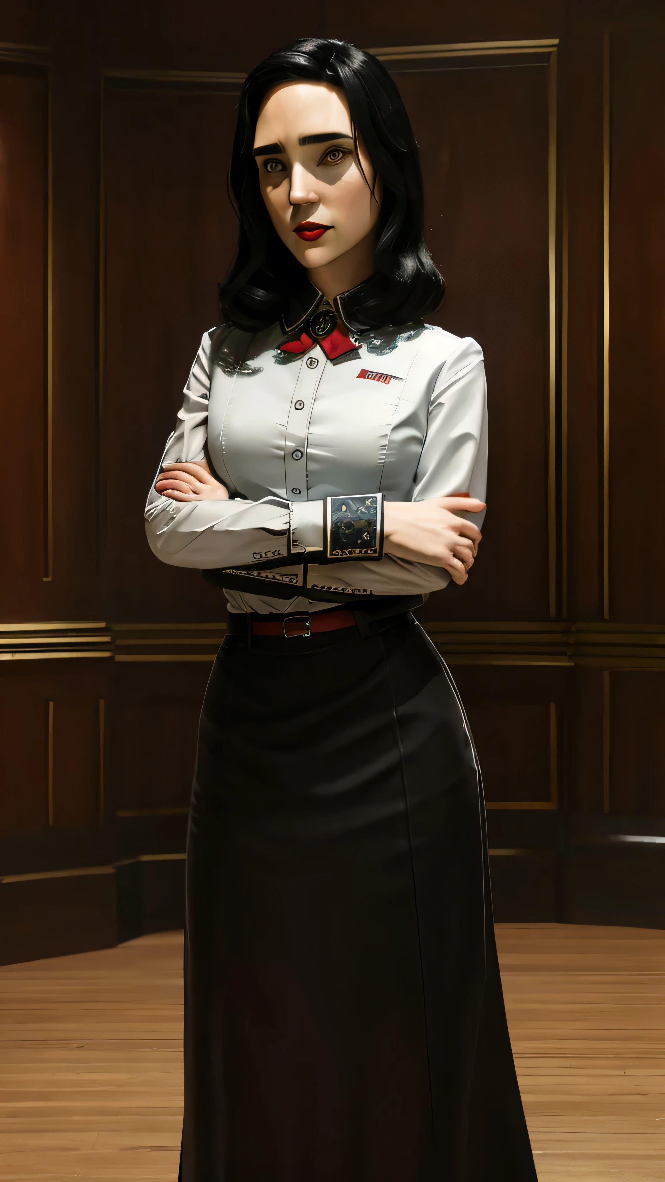 Jennifer Connelly as Elizabeth, black hair, lips, red lips, lipstick, makeup, shirt, white shirt, skirt, black skirt, pencil skirt, long skirt, looking at viewer, crossed arms, standing, indoors, (insanely detailed, beautiful detailed face, masterpiece, best quality), cinematic lighting, 1woman, solo, (upper body), front view, looking at viewer, intricate, high detail, sharp focus, dramatic, photorealistic painting art by greg rutkowski