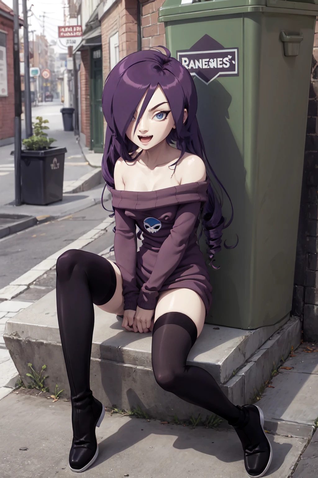 masterpiece, best quality, 1girl, zonetan, blue eyes, hair over one eye, drill hair, purple long hair, bare shoulders, boots, off-shoulder sweater dress, full body, (black stockings), (black thigh highs), solo, looking at viewer, smirk, sitting, spread legs, purple panties shifted to side, sitting on trashcan, alley, pussy, pulled down sweater, breasts,nipples, open mouth, 