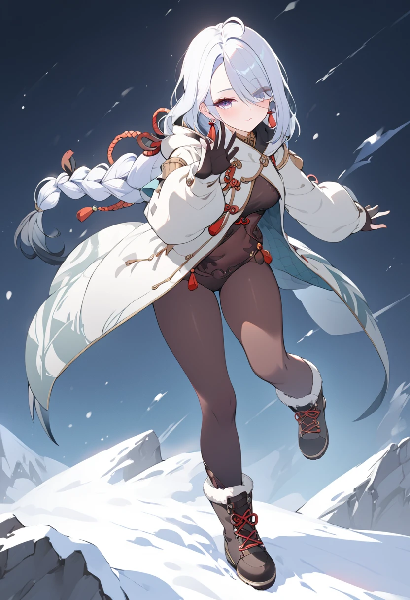 masterpiece, best quality, very aesthetic, absurdres, newest, 1girl, covered_nipples,pussy_juice, solo,standing_split,tears in eyes,embarrassed, ,frieren,sousou_no_frieren,capelet, dangle_earrings, drop_earrings, earrings, elf, green_eyes, grey_hair,jewelry, long_hair, long_sleeves,pantyhose, parted_bangs, pointy_ears, shirt, sky, solo, staff, striped_clothes, striped_shirt, twintails, white_capelet, white_hair,,snow land
