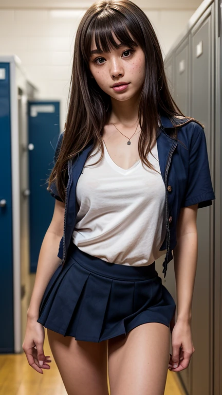 (((medium hair))), best quality, 8K, HDR, highres, absurdres:1.2, blurry background, bokeh:1.2, Photography, (RAW photo:1.2), (photorealistic:1.4), (masterpiece:1.3), (intricate details:1.2), 1girl, solo, japanese girl, delicate, beautiful detailed, (detailed eyes), (detailed facial features), petite, (((small breasts))), skin tight, (looking_at_viewer), from_front, (skinny), (best quality:1.4), (ultra highres:1.2), cinema light, (extreme detailed illustration), (lipgloss, best quality, ultra highres, depth of field, caustics, Broad lighting, natural shading, 85mm, f/1.4, ISO 200, 1/160s:0.75),1girl, solo, (((blue vest))) smile, ((school uniform, pleated skirt with checker pattern, classroom))