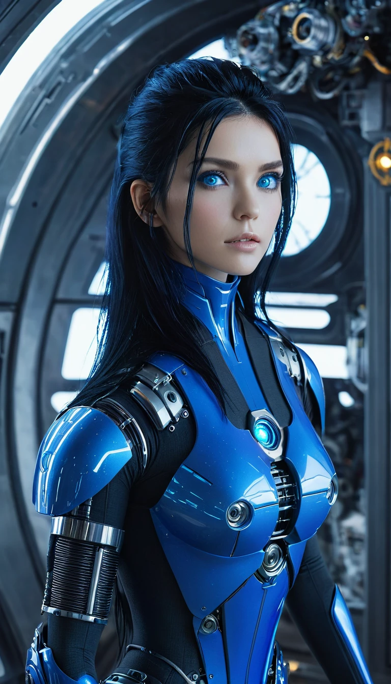 woman, Mechanical Blue Body ，Best Quality, masterpieceUltra HD, 8k,Futuristic spaceship interior，サイバーブルースーツを着たwoman，Black Hair，青 eyes，Shortcuts, Best Quality, High resolution, Ultra HD, blue eyes, 