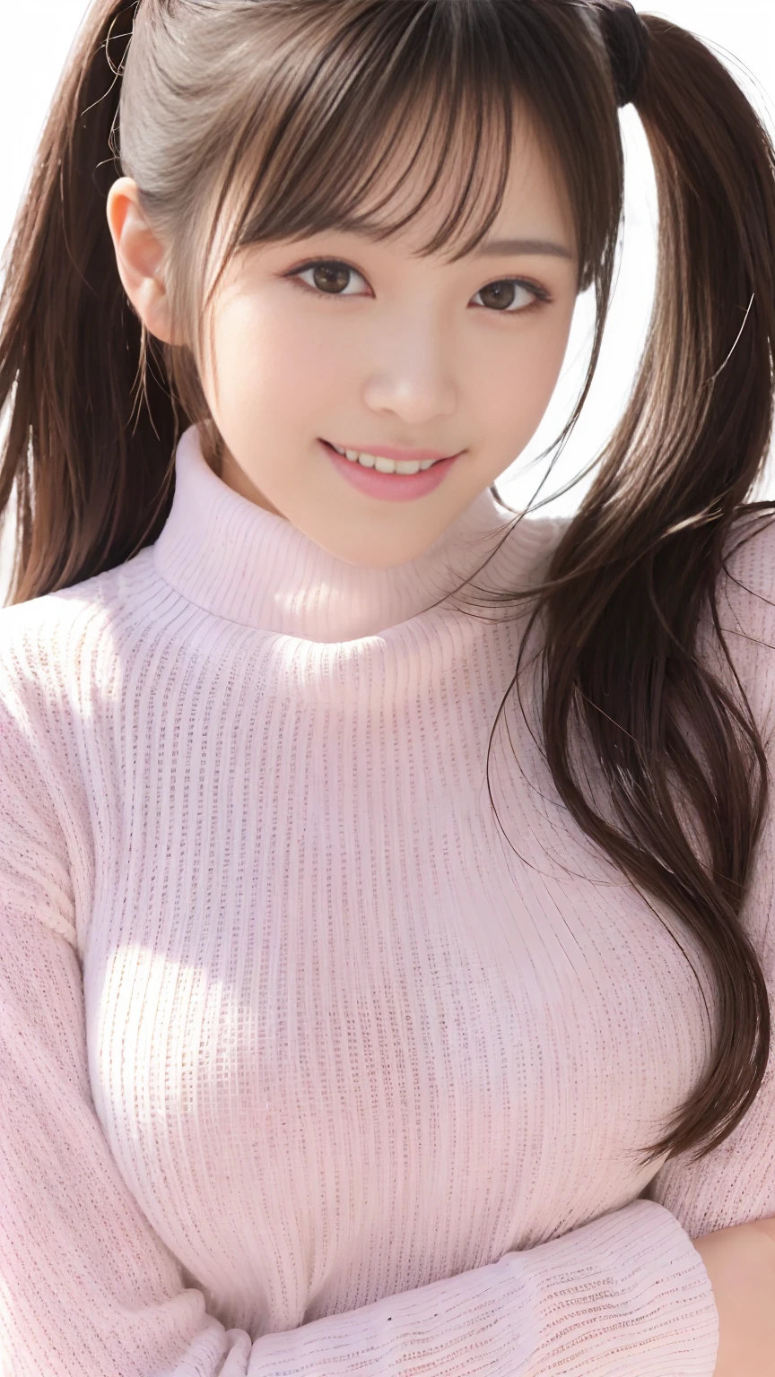 (Highest quality、Tabletop、8k、Best image quality、Ultra-high resolution、Award-winning works)、One beautiful woman、alone、Accurate anatomy、(Face close-up:1.2)、(The perfect white turtleneck long knit sweater:1.2)、Smooth long knit sweater、Relaxed oversized knit、(Voluptuous body:1.2)、(Big Breasts:1.2)、(Accentuate your body lines:1.1)、Ultra-high resolutionの艶と潤いのある美肌、Ultra-high resolutionの美しい顔、Ultra-high resolutionの煌めく瞳、Ultra-high resolutionの完璧な歯、Ultra-high resolutionの髪の毛、Look at me and smile、Perfect Makeup、Perfect and precise white knit、(Pale pink plain background:1.3)