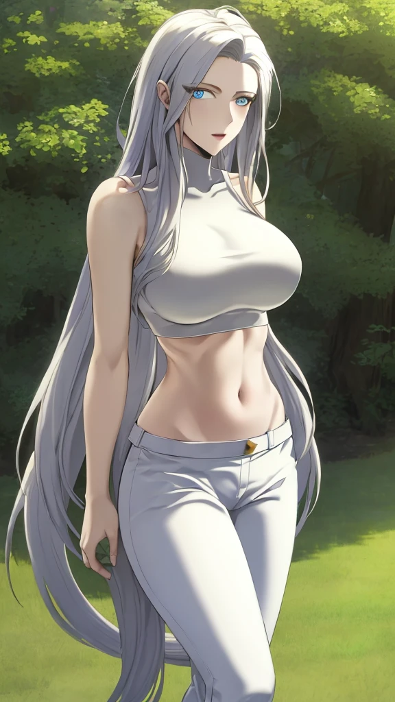 masterpiece, best quality, high quality, highres,
outdoors,
looking at viewer,
white shirt, crop top, midriff, navel, white pants, 
Jenny,  tall female, Long Straight Hair, Blue Eyes, Big Breast.