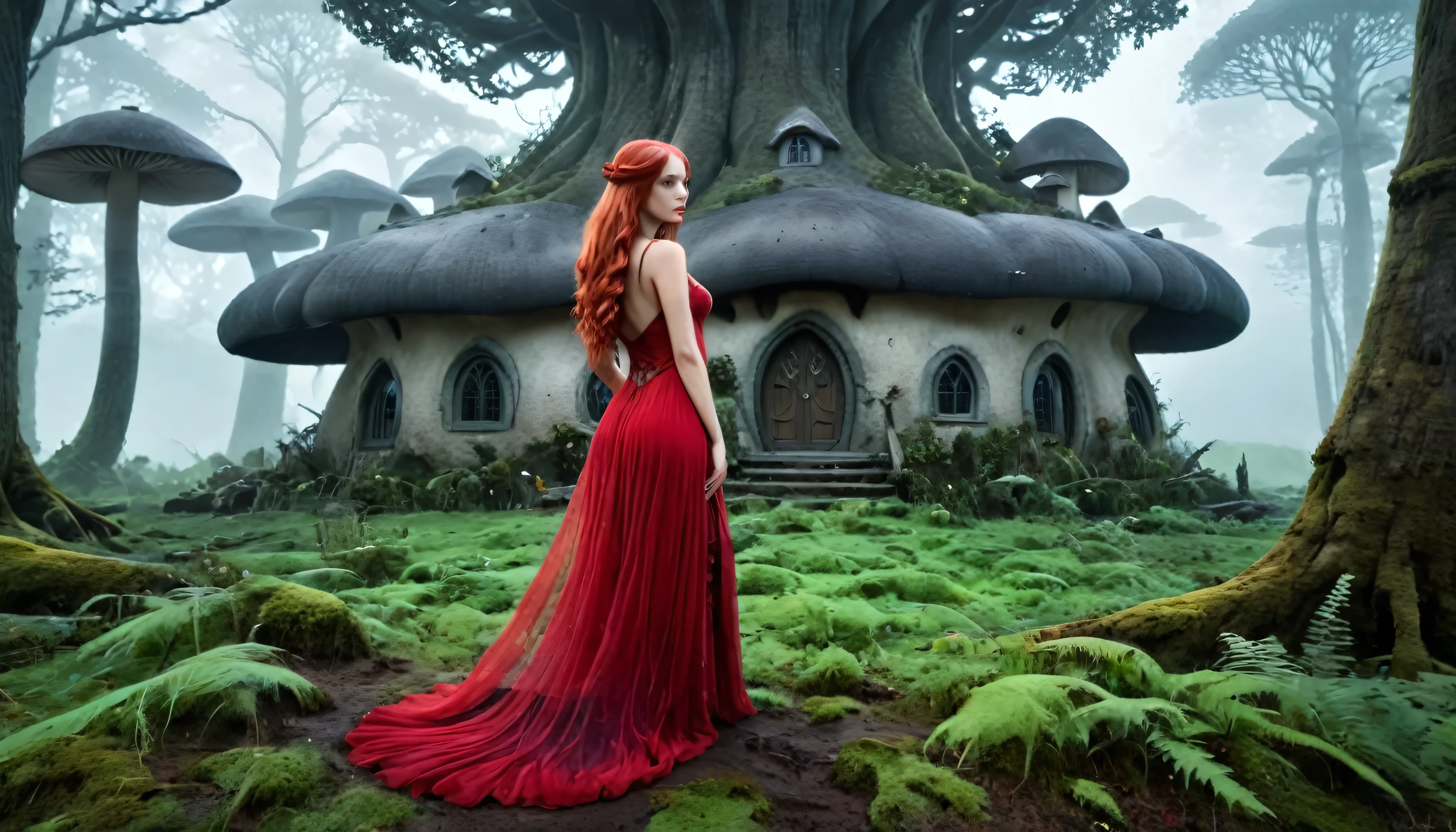 A magical house in the style of Morrowind, with ancient dark elven architecture featuring organic, curved shapes and intricate designs. The house is surrounded by a mystical alien landscape with towering mushrooms, twisted trees, and fog-covered ground. A beautiful and slender elven woman with long red hair, wearing a flowing red dress, stands in profile. Her elegant posture and mystical aura blend with the magical atmosphere. Photorealistic details like stone and wood textures are highlighted, with soft, moody lighting that creates a magical and mysterious atmosphere. The image should look like a professional photograph taken with a Nikon camera, capturing perfect depth of field, sharp focus, and high dynamic range. The house appears ancient and enchanted, blending into its mysterious environment, while the elven woman adds elegance and grace to the scene, lora:add-detail-xl:1
