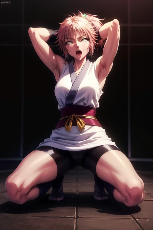 masterpiece, Best Quality,  Unreal Engine,  super resolution, Very detailed, 
japanese clothing,Runny nose,  stick out your tongue, no underwear,Short hair, Small Breasts, no eyeballs, For the audience, looking at the audience, [tired, from below, (Exposed Armpits:1.1), ((Armpits:1.2)), Sweating, More and more sweat,(enthusiast ), (翻White eyes), open your mouth, stick out your tongue, saliva, Drooling,slim, raise arms, (raise arms above your head:1.5), (muscle:1.2),White eyes, White eyes球, syncope, 翻White eyes,Kneel down, Open your legs. 
beautiful woman, March, short kimono, Heart, Gorgeous belt, fingerless gloves, bike shorts, [sock,Over the knee socks,or, ponytail,hair_ornament, vivid expression, healthy body, Smooth skin, Depicted by Heart, 

([humidity:1.5), beautiful eyes, (charming face:1.2), (beautiful skin), Tight waist, (Big Boobs), (Sweat), dynamic poses, 

In the world of Hunter Hunter, Outdoor, slums at night,