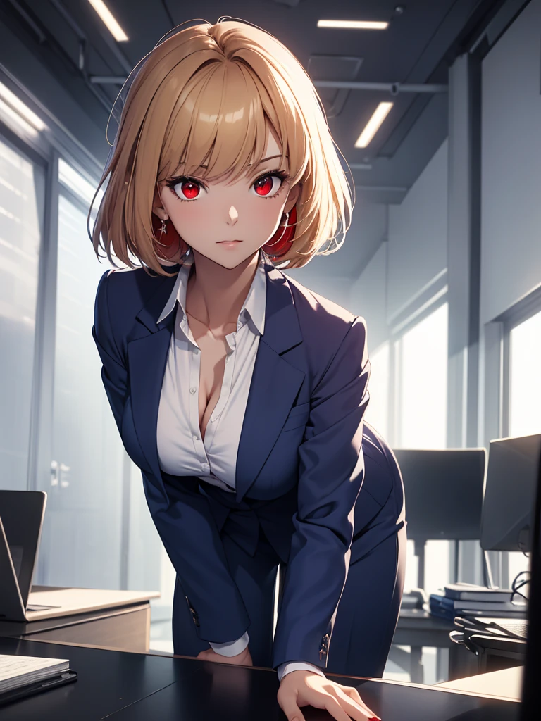 (​masterpiece, top-quality, hight resolution, Unity 8k, extremely details CG:1,Best Picture), ((Dark blue suit and trousers)), arcueid brunestud, blonde hair, (red eyes:1.5), short hair, ahoge, Create an image of a sex worker dressed in an office lady cosplay. She wears a form-fitting office skirt, blouse, and blazer combination, resembling a typical businesswoman. Her look is playful yet seductive, with slight modifications like the unbuttoning of her blouse or a shorter skirt length to emphasize the cosplay aspect. Her expression and demeanor clearly signal that this is part of her work, with a flirty, confident air.