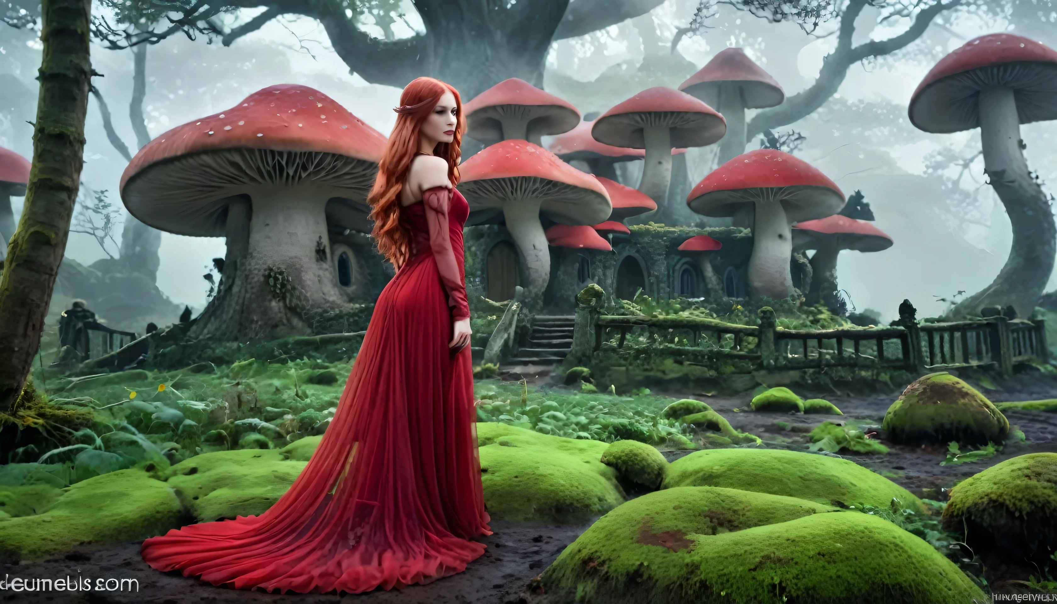 A magical house in the style of Morrowind, with ancient dark elven architecture featuring organic, curved shapes and intricate designs. The house is surrounded by a mystical alien landscape with towering mushrooms, twisted trees, and fog-covered ground. A beautiful and slender elven woman with long red hair, wearing a flowing red dress, stands in profile. Her elegant posture and mystical aura blend with the magical atmosphere. Photorealistic details like stone and wood textures are highlighted, with soft, moody lighting that creates a magical and mysterious atmosphere. The image should look like a professional photograph taken with a Nikon camera, capturing perfect depth of field, sharp focus, and high dynamic range. The house appears ancient and enchanted, blending into its mysterious environment, while the elven woman adds elegance and grace to the scene, lora:add-detail-xl:1, lora:Creat0rDet4ilz:0.6