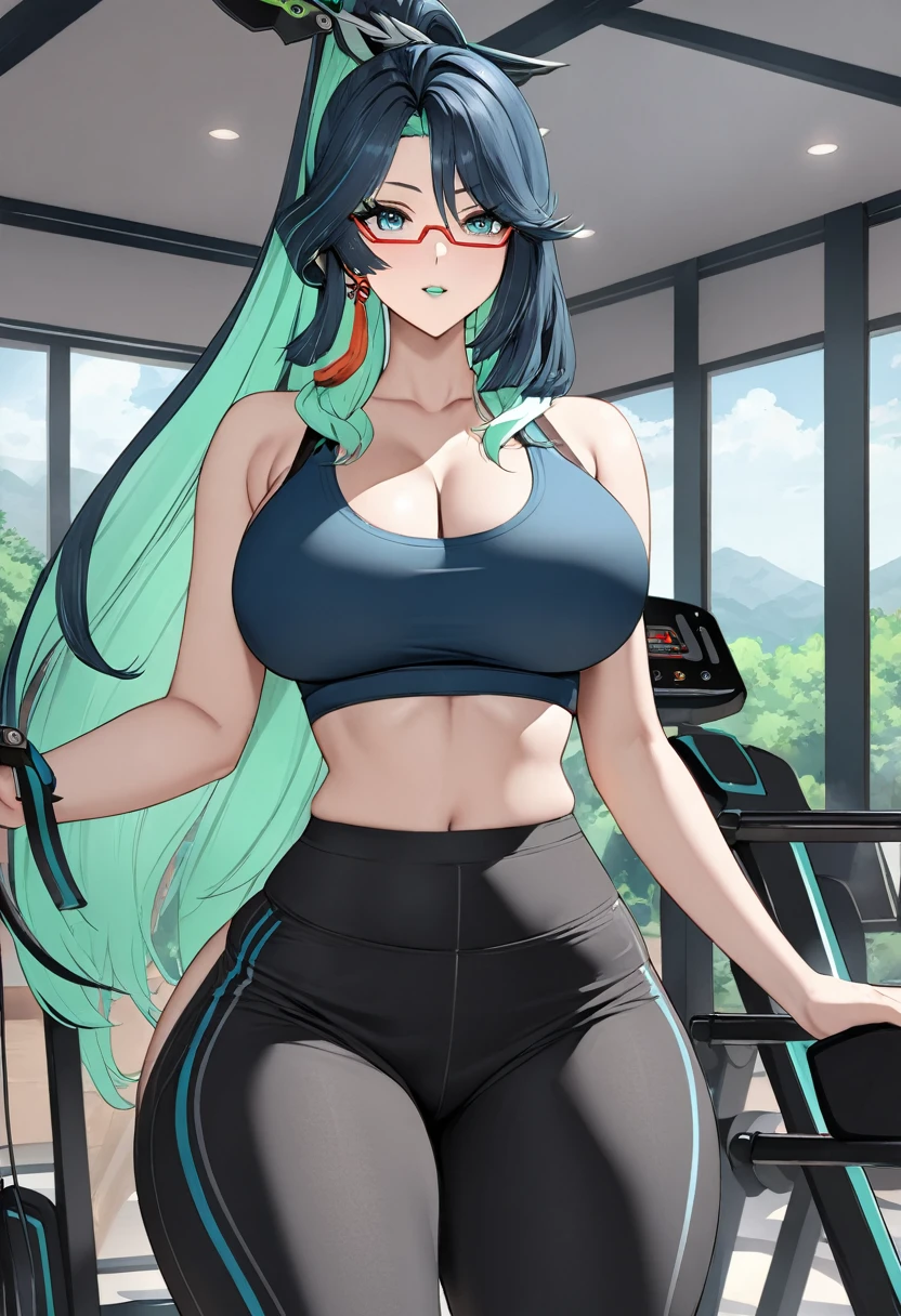 (masterpiece), (detailed anime style), (super detailed), (perfect work), (4k), xianyun, lovely, Madura, sports bra, fitted leggings, Very big breasts, I will trace the great, an electric gym