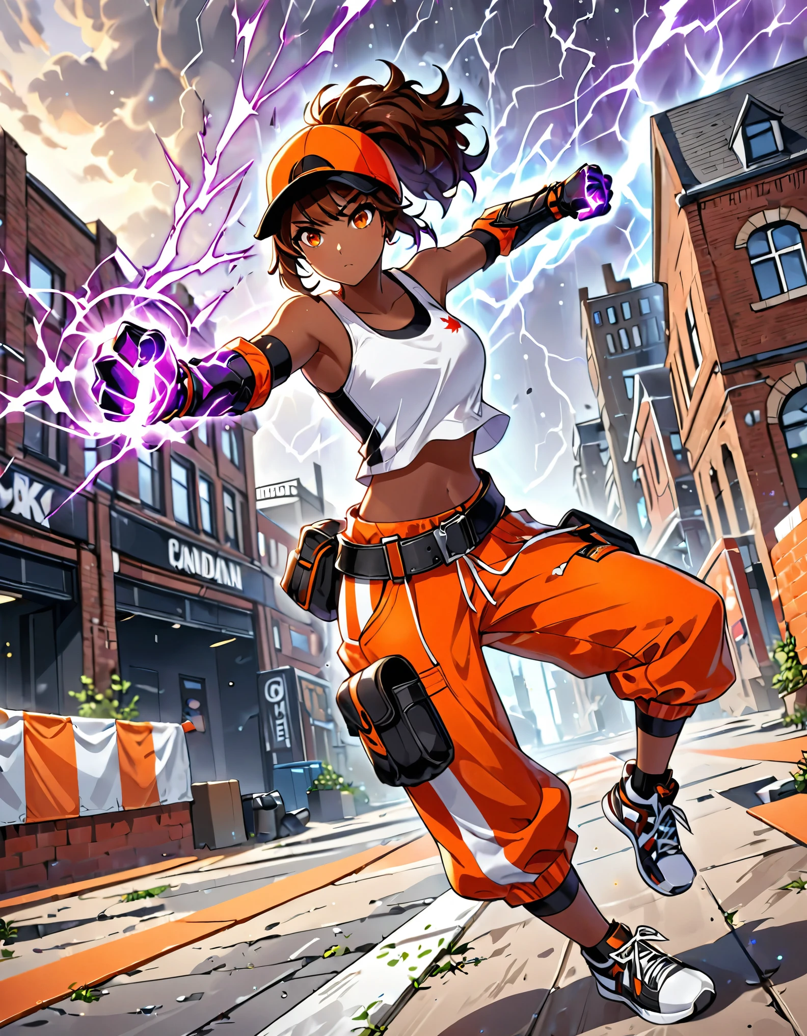 masterpiece, best quality, high res, 8k, highly detailed, professional, cute and attractive girl, collage-aged female, 1girl, solo, solo focus, dark-skinned female, parkour athlete, workout white tank top, (orange windbreaker:1.2), backwards baseball hat, orange cargo pants with red stripes, (two-tone hair, jet black hair, (brown hair)), medium hair, ponytail hair, orange eyes, beautiful eyes, Canadian, dynamic parkour running pose, full body with costume, black leather belt, tactical pouches, purple tactical gloves, (fist gauntlets, purple electricity, light particles), Capoeira fighter, action scene, no humans, tornado gust winds around her, dutch angle, perspective, cowboy shot