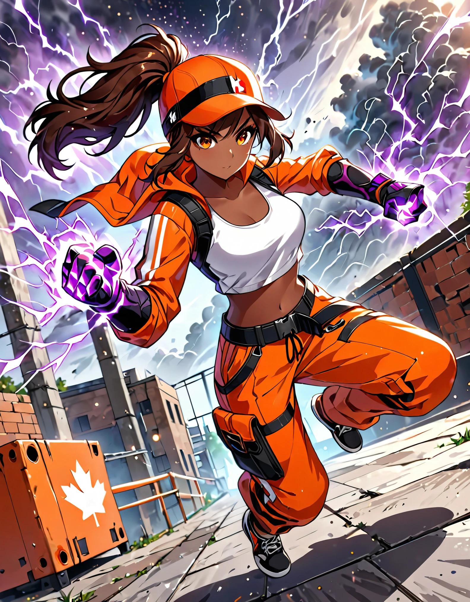 masterpiece, best quality, high res, 8k, highly detailed, professional, cute and attractive girl, collage-aged female, 1girl, solo, solo focus, dark-skinned female, parkour athlete, workout white tank top, (orange windbreaker:1.2), backwards baseball hat, orange cargo pants with red stripes, (two-tone hair, jet black hair, (brown hair)), medium hair, ponytail hair, orange eyes, beautiful eyes, Canadian, dynamic parkour running pose, full body with costume, black leather belt, tactical pouches, purple tactical gloves, (fist gauntlets, purple electricity, light particles), Capoeira fighter, action scene, no humans, tornado gust winds around her, dutch angle, perspective, cowboy shot