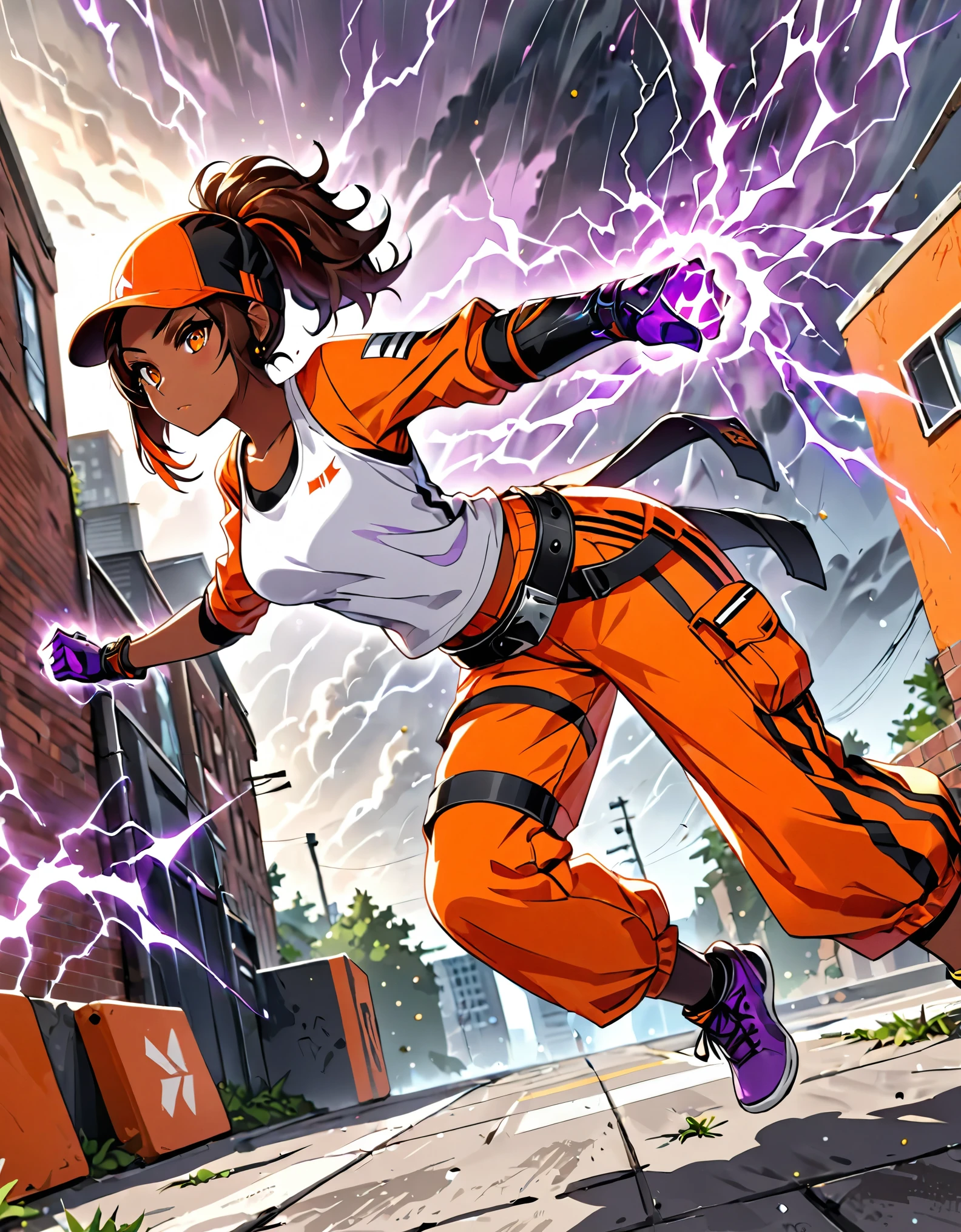 masterpiece, best quality, high res, 8k, highly detailed, professional, cute and attractive girl, collage-aged female, 1girl, solo, solo focus, dark-skinned female, parkour athlete, workout white tank top, (orange windbreaker:1.2), backwards baseball hat, orange cargo pants with red stripes, (two-tone hair, jet black hair, (brown hair)), medium hair, ponytail hair, orange eyes, beautiful eyes, Canadian, dynamic parkour running pose, full body with costume, black leather belt, tactical pouches, purple tactical gloves, (fist gauntlets, purple electricity, light particles), Capoeira fighter, action scene, no humans, tornado gust winds around her, dutch angle, perspective, cowboy shot