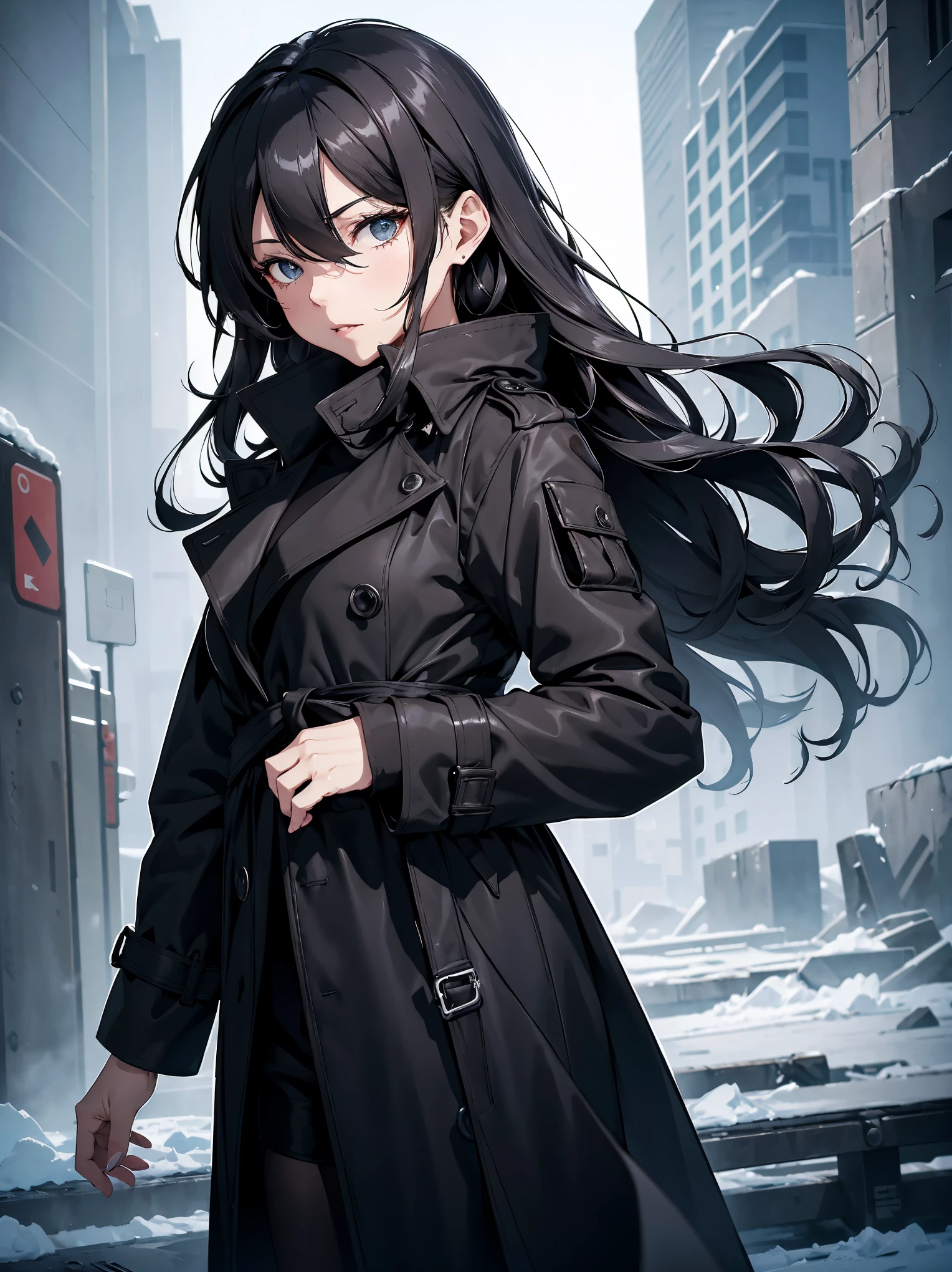 Silent Night Wasteland，An older woman with her back to the camera。wearing a long black trench coat，Her black, wavy hair reaches down to her waist and sways slightly in the breeze.。Cold and elegant，Elite，Not some silly sugary thing.。The wasteland is flat，It&#39;s white，Covered in knee-high white grass。