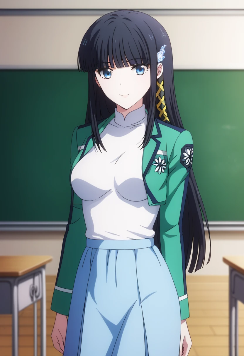 (masterpiece), (Best quality), (Very detailed), (high resolution), (8Khighres), (cel anime), (detailed beautiful face and eyes), (textile shading), (cowboy shot), (classroom), miyuki shiba, long hair, blue eyes, black hair, hair ornament, ribbon, hair ribbon, snowflake hair ornament, bangs, blunt bangs, medium breasts, beautiful breasts, walking, smile,,