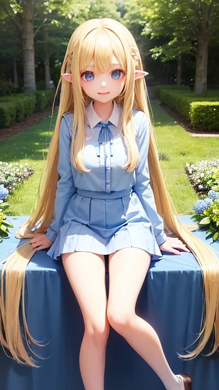 very cute girl、(15 years old)、light yellow hair、long straight hair、Bangs are too close to the eye、Light Blue Eye、(Normal human ear)、thin arms、Beautiful body、slim legs、large, well-shaped breasts,、clear white skin、smile、(school uniform、uniform white and blue)、Rose Garden、Super high quality、digital single lens reflex、sit on top