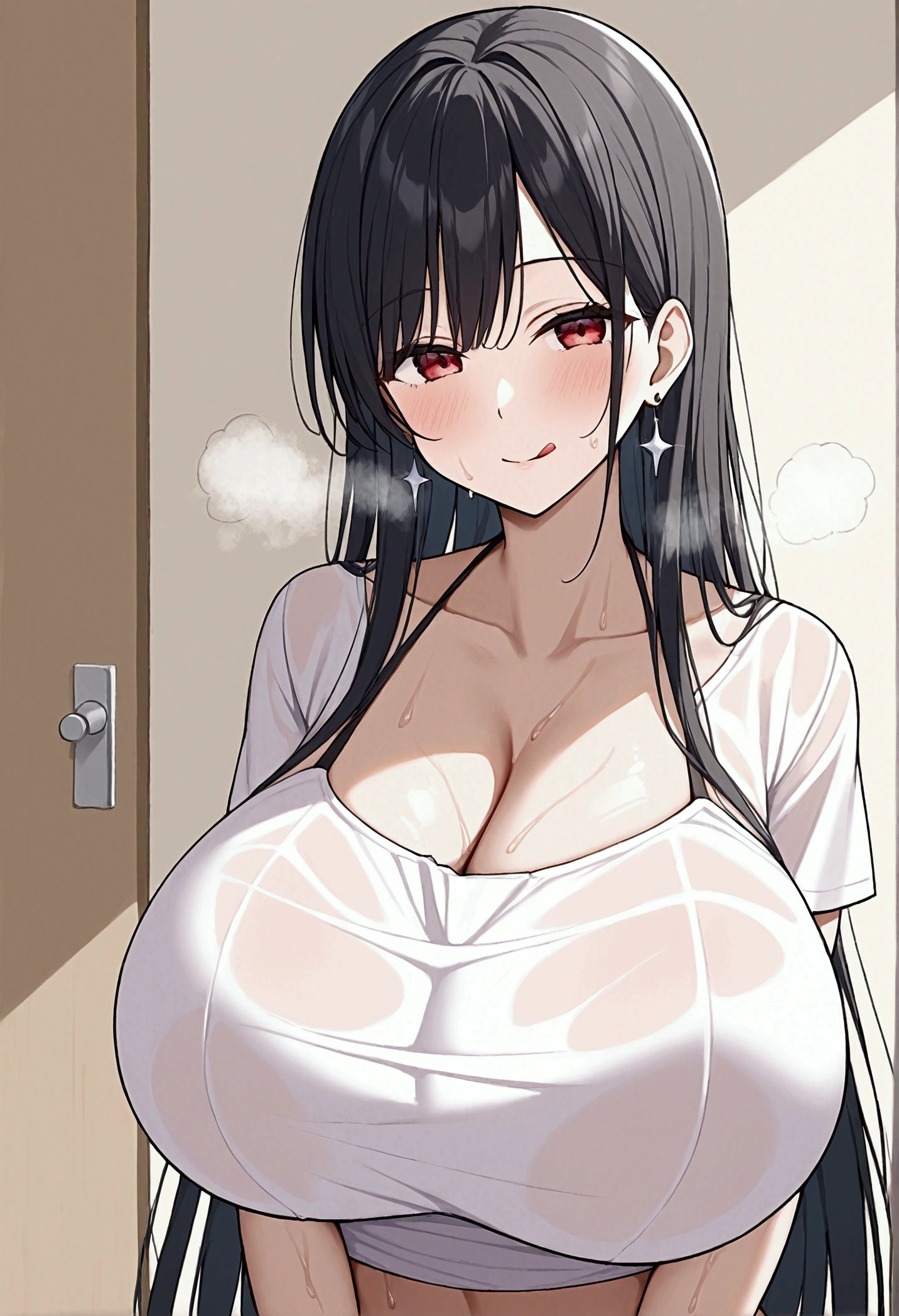 Long black hair、Red eyes、Tsukuyomi Minato, Sexy oversized t-shirt、No underwear、Underbust, Super huge breasts,Shoulders stick out、The shirt falls off、, Frequently Sport Side Bust High Resolution, Masterpiece Anatomically Correct, number々won the award, Best Quality, high detail, damage, High Resolution Model, retina, Very detailed, Textured skin, Ultra-high resolution, 航空photograph, Background Blur, Exposure, movie light effect, movie, photograph, reality, ポートレートphotograph, 

Backlight、The room is dimly lit.、13:00、
sweat,steam, , shortness of breath, Charming smile, 

steamy、Wet Skin、Wet shirt、High leg bikini、Large Breasts, Earrings, Licking lips, Standing pose、Shower room、squat、sit、Top view、Titty fuck、Ahegao、Full body diagram