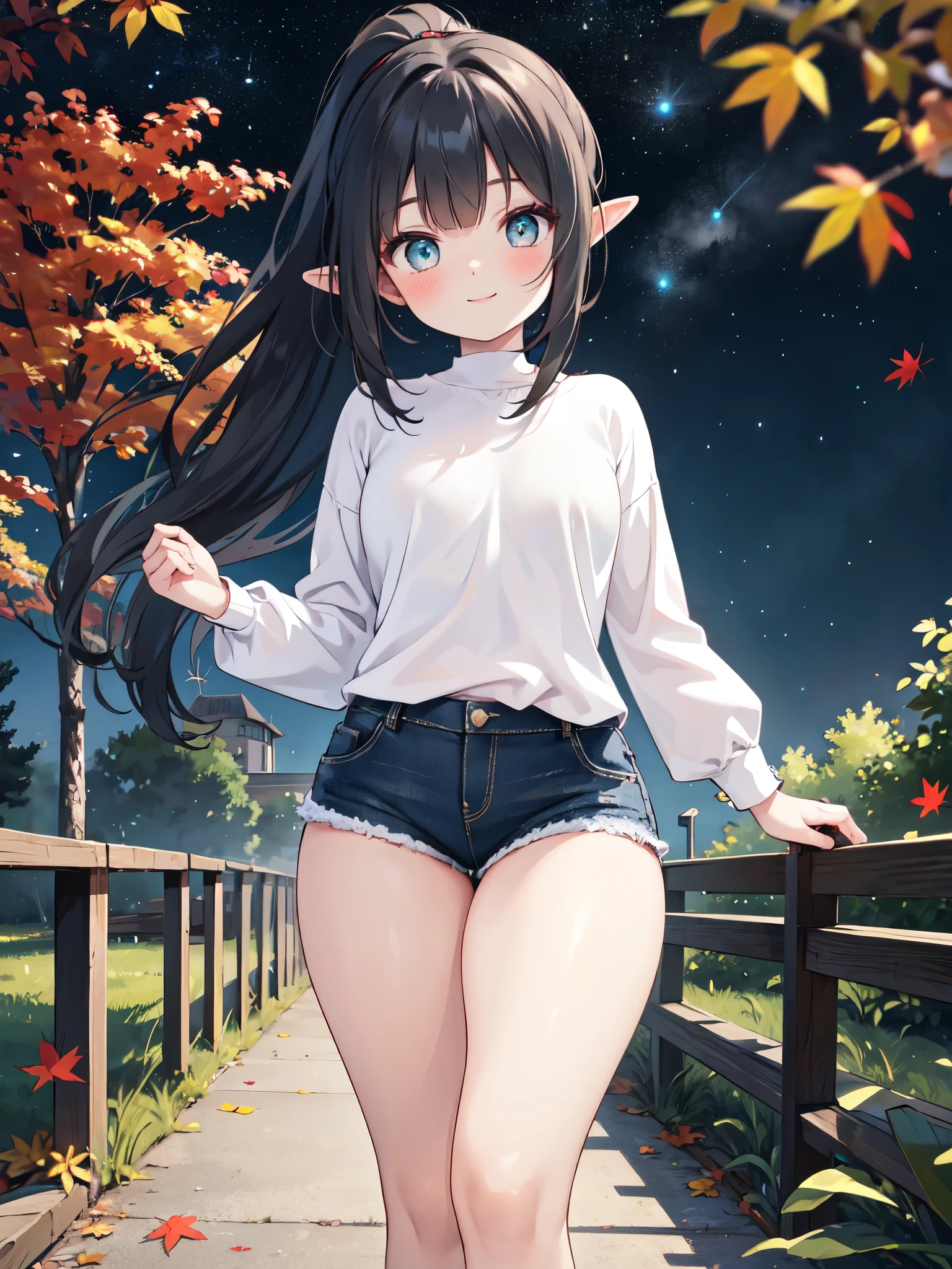Realistic image, detailed and coherent image, 1 elf, turquoise eyes, black hair, very long hair, blushing, shy, She has a curvy body, medium breasts and thick thighs, She is wearing a sweater with a scarf, pleated mini skirt with embroidery, She is posing sensually, sitting, arching her back, leaves falling around, view from below, starry night, soft focus, dramatic shadows, volumetric lighting, natural lighting, background of a park