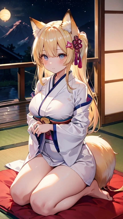 kitsune, purple eyes, blond hair, white kimono, small partially exposed breasts with visible nipples, in onsen, snow mountains