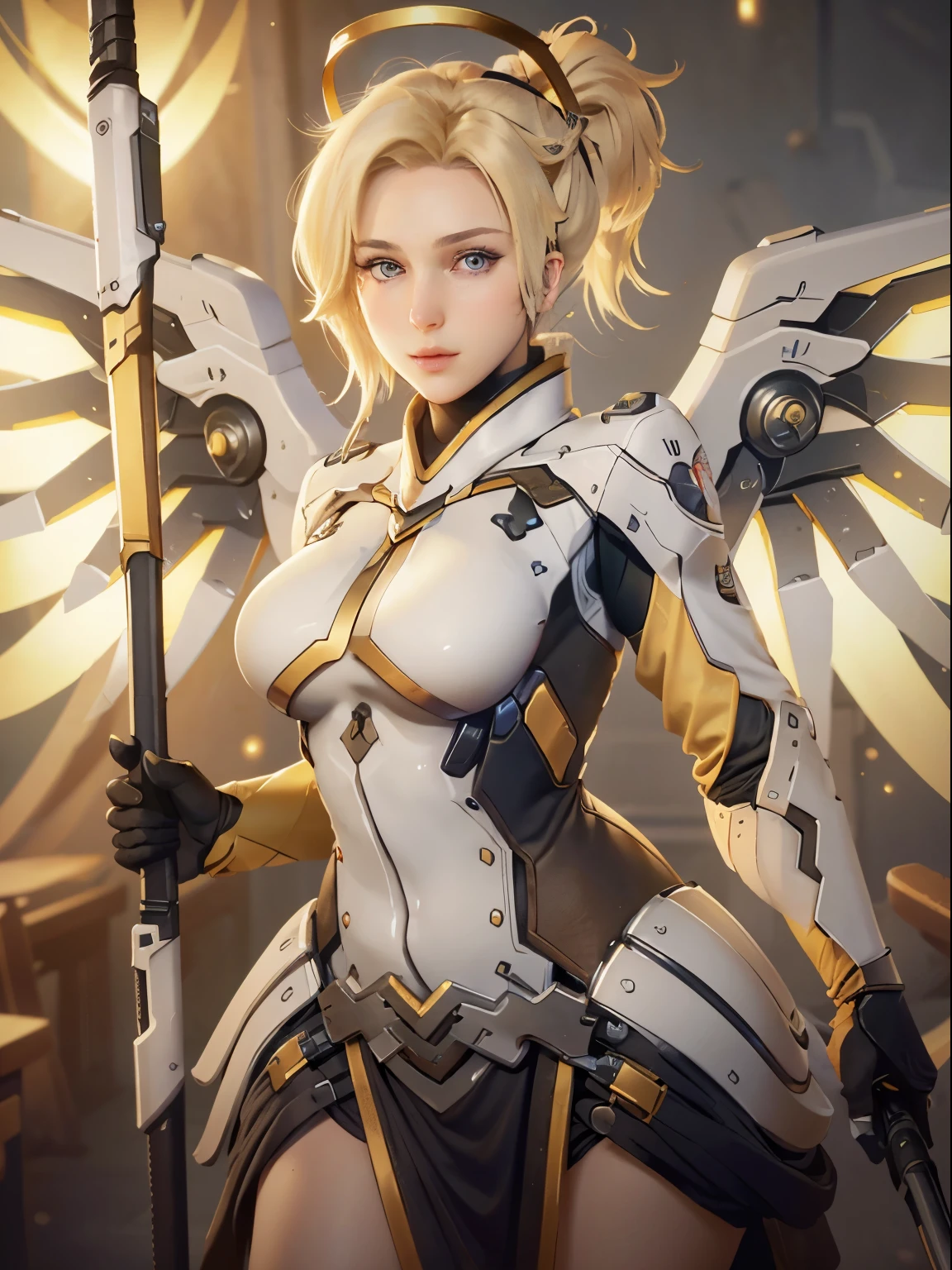 MercyOver, 1girl, mercy (overwatch), mechanical wings, mechanical halo, solo, blonde hair, wings, blue eyes, halo, staff, yellow wings, breasts, bodysuit, holding, upper body, lips, looking at viewer, holding staff, medium breasts, spread wings, glowing wings, nose, high ponytail, ponytail