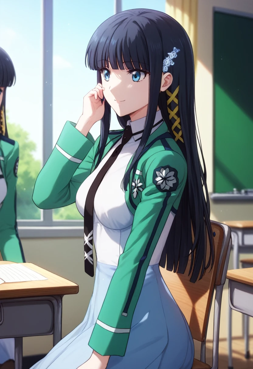 (masterpiece), (Best quality), (Very detailed), (high resolution), (8Khighres), (cel anime), (detailed beautiful face and eyes), (textile shading), (cowboy shot), (classroom), (miyuki shiba), long hair, blue eyes, black hair, hair ornament, ribbon, hair ribbon, snowflake hair ornament, bangs, blunt bangs, long sleeves, (dress), school uniform, pantyhose, necktie, white dress, black necktie, medium breasts, beautiful breasts, walking, smile, sitting, chair, happy, smile, hand in own hair, from side,,