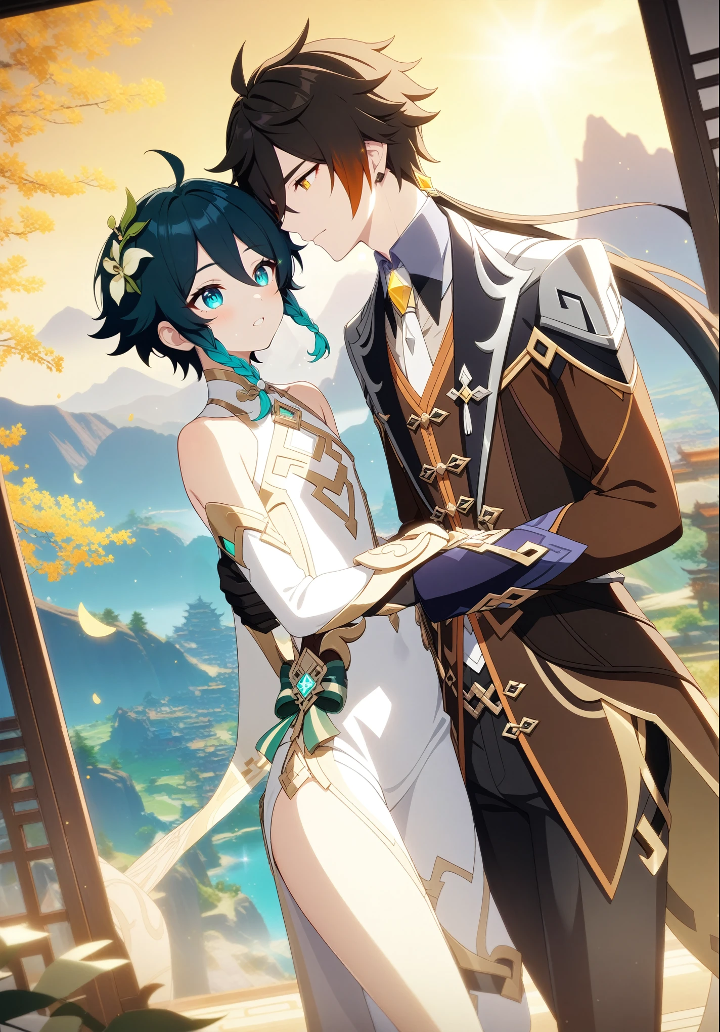 (best quality,4k,8k,highres,masterpiece:1.2),2boys,couple,zhongli_/(genshin_impact/) embracing venti_/(genshin_impact),male focus,intricately detailed,by carnelian, cel shading, fantasy china background, liyue, mountains,osmanthus flowers,male focus,romantic pair,volumetric lighting, sunset, golden illumination, wise and kind god,cinematic lighting, ray tracing, UHD, high details, high quality, award winning, super detail,vivid fantasy painting,hd color,size_difference,flat chest,on a date,extremely detailed eyes and face, beautiful detailed eyes,light on face,shine skin,dark hair