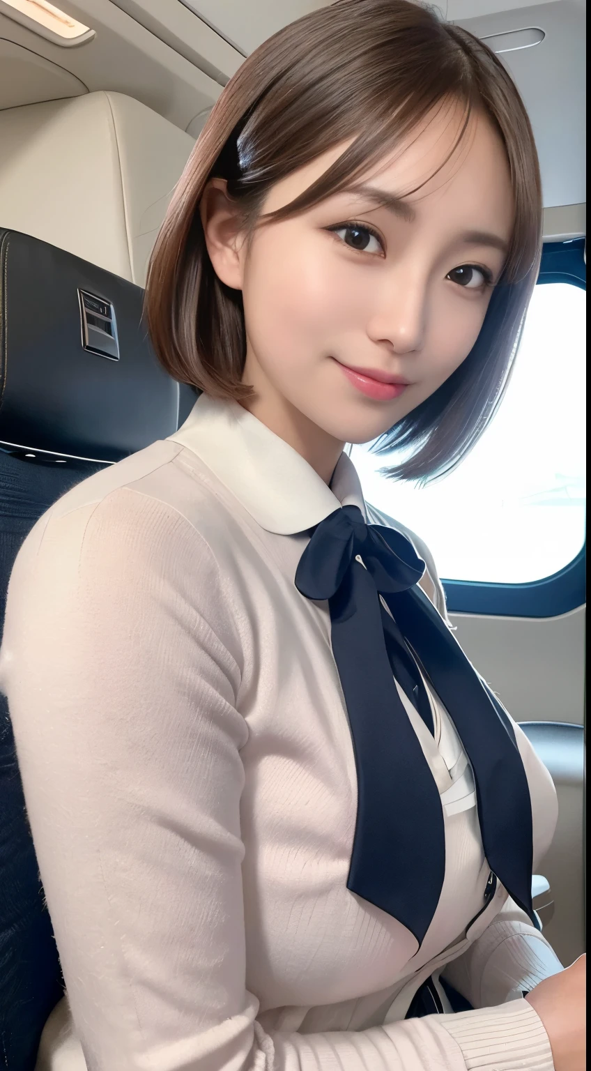 Ultra detail, high resolution, (realistic, realistic:1.4), 8k, (best quality), physical-based rendering, photorealistic photography, professional color grading, highest quality, captivating photos that capture the elegance of the flight attendant standing elegantly in the cabin. The scene depicts a well-dressed woman exuding confidence and professionalism as she carries out her duties. The composition paid close attention to the details of her uniform and accessories. The lighting highlights her features, emphasizing her calmness and charm. The color temperature is warm, which adds sophistication to the image. Facial expressions indicate a warm and friendly demeanor
