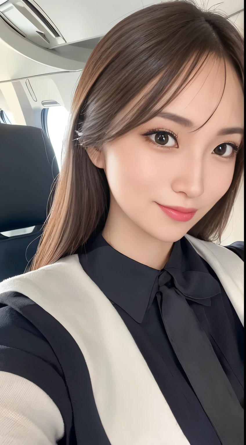 Ultra detail, high resolution, (realistic, realistic:1.4), 8k, (best quality), physical-based rendering, photorealistic photography, professional color grading, highest quality, captivating photos that capture the elegance of the flight attendant standing elegantly in the cabin. The scene depicts a well-dressed woman exuding confidence and professionalism as she carries out her duties. The composition paid close attention to the details of her uniform and accessories. The lighting highlights her features, emphasizing her calmness and charm. The color temperature is warm, which adds sophistication to the image. Facial expressions indicate a warm and friendly demeanor