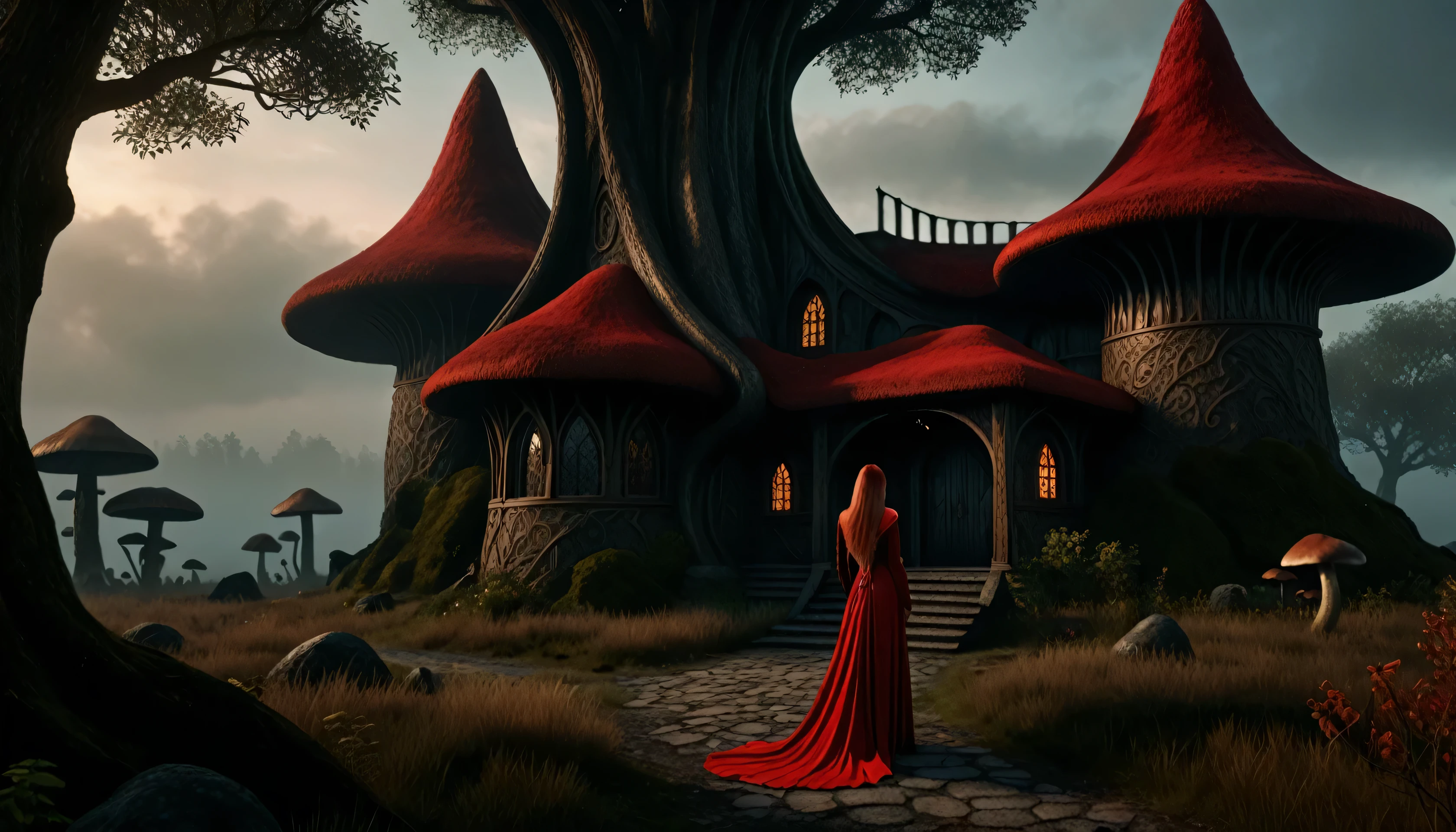 A magical house in the style of Morrowind, with ancient dark elven architecture featuring organic, curved shapes and intricate designs. The house is surrounded by a mystical alien landscape with towering mushrooms, twisted trees, and fog-covered ground. A beautiful and slender elven woman with long red hair, wearing a flowing red dress, stands in profile. Her elegant posture and mystical aura blend with the magical atmosphere. Photorealistic details like stone and wood textures are highlighted, with soft, moody lighting that creates a magical and mysterious atmosphere. The image should look like a professional photograph taken with a Nikon camera, capturing perfect depth of field, sharp focus, and high dynamic range. The house appears ancient and enchanted, blending into its mysterious environment, while the elven woman adds elegance and grace to the scene, lora:add-detail-xl:1