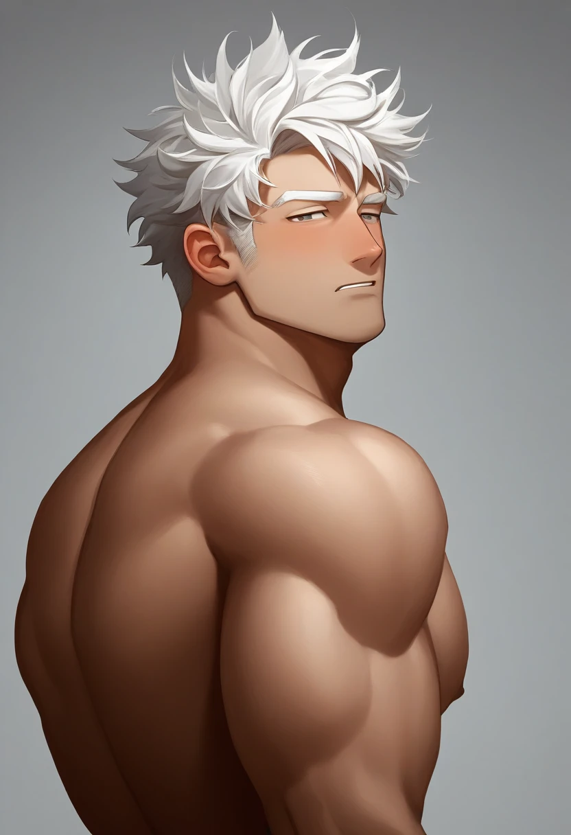 1boy, male focus, naked, sidepec, muscular male, super muscular, bara, torso body, solo, looking at the viewer, little short hair, messy hair, more spikey hair, white hair, backward hair, gray eyes, parted lips, white background, simple background, best quality, amazing quality, best aesthetic, absurdres, year 2023, Blush, Annoyed, Closed Mouth, Half-Closed Eyes,