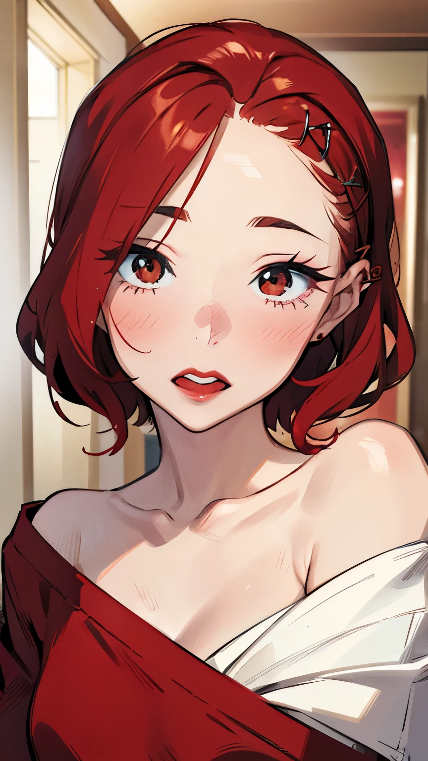 Facial details, short red hair, red eyebrows, brown eyes, red lipstick, surprised and embarrassed, 2 woman, red hairpin, off-shoulder knit