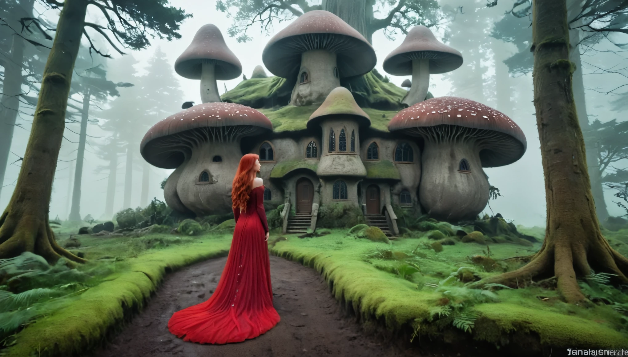 A magical house in the style of Morrowind, with ancient dark elven architecture featuring organic, curved shapes and intricate designs. The house is surrounded by a mystical alien landscape with towering mushrooms, twisted trees, and fog-covered ground. A beautiful and slender elven woman with long red hair, wearing a flowing red dress, stands in profile. Her elegant posture and mystical aura blend with the magical atmosphere. Photorealistic details like stone and wood textures are highlighted, with soft, moody lighting that creates a magical and mysterious atmosphere. The image should look like a professional photograph taken with a Nikon camera, capturing perfect depth of field, sharp focus, and high dynamic range. The house appears ancient and enchanted, blending into its mysterious environment, while the elven woman adds elegance and grace to the scene, lora:add-detail-xl:1, lora:Creat0rDet4ilz:0.6