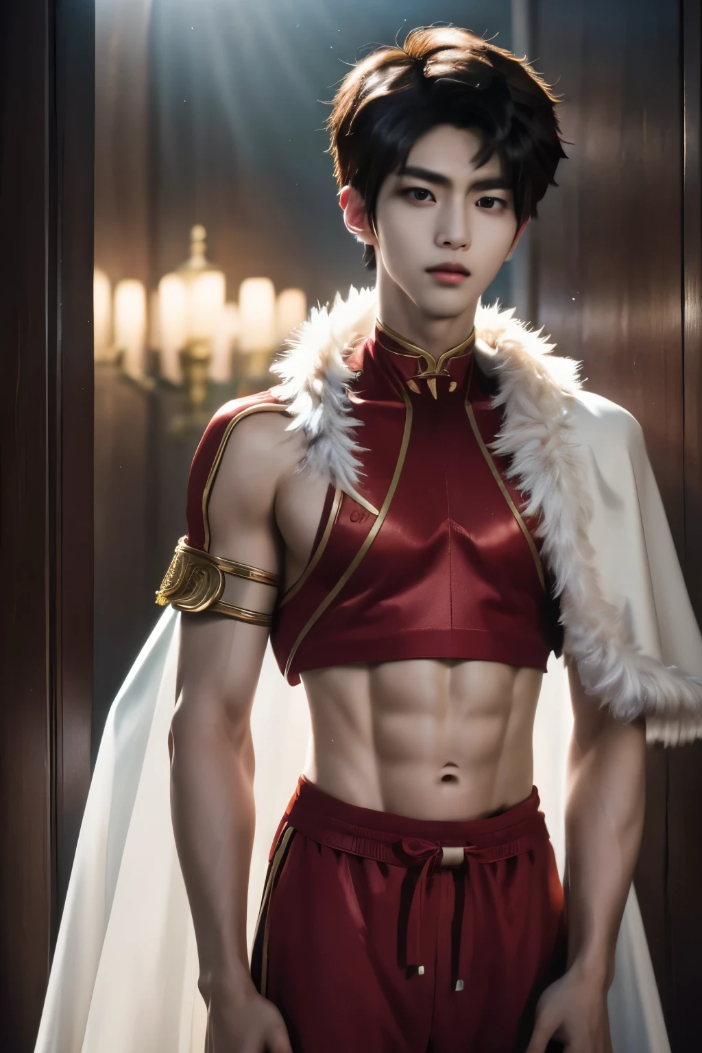 alexanderfgo, 1boy, masterpiece, realistic, absurdres, RAW photo, best quality, high resolution, ulzzang boy, chinese boy, male model, very very handsome, perfect face, cute face, intricate detail, clear and beautiful detailed eyes, fur-trimmed cape, crop top, young, muscular, slim muscular, handsome muscle, abs, detailed skin, male focus, fighting, Correct anatomy, looking at camera, battlefield, detailed highlights and shadows, Cinematic Lighting, soft light, full-body shot, front view, Professional photography, 8K UHD,