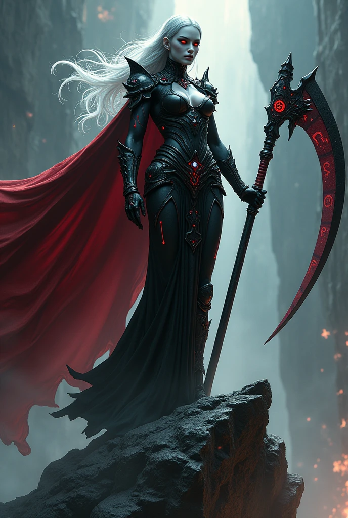A highly detailed, full-body portrait of an enchanting and fearsome Lady Death character in a dynamic, commanding pose. Her sleek bodysuit, molded to her form, accentuates her muscular physique, exposing her toned midriff. The suit is embellished with intricate, shimmering patterns that resemble ancient runes, symbolizing her otherworldly power. She stands atop a jagged obsidian boulder, intricately engraved with sinister skulls, each one seeming to whisper of her past victories. In one hand, she grips a massive, gleaming scythe, its blade reflecting an eerie, deadly light, while her other hand rests on the hilt of a cursed sword at her side. Her dark, armor-clad figure is laced with pulsing, arcane runes that pulse with an ominous glow. A tattered, blood-red cloak flows dramatically behind her, caught in an unseen wind. Her flowing silver hair cascades down her back, framing a hauntingly beautiful, pale face with glowing, piercing eyes that cut through the darkness, radiating her supernatural wrath and undeniable power.