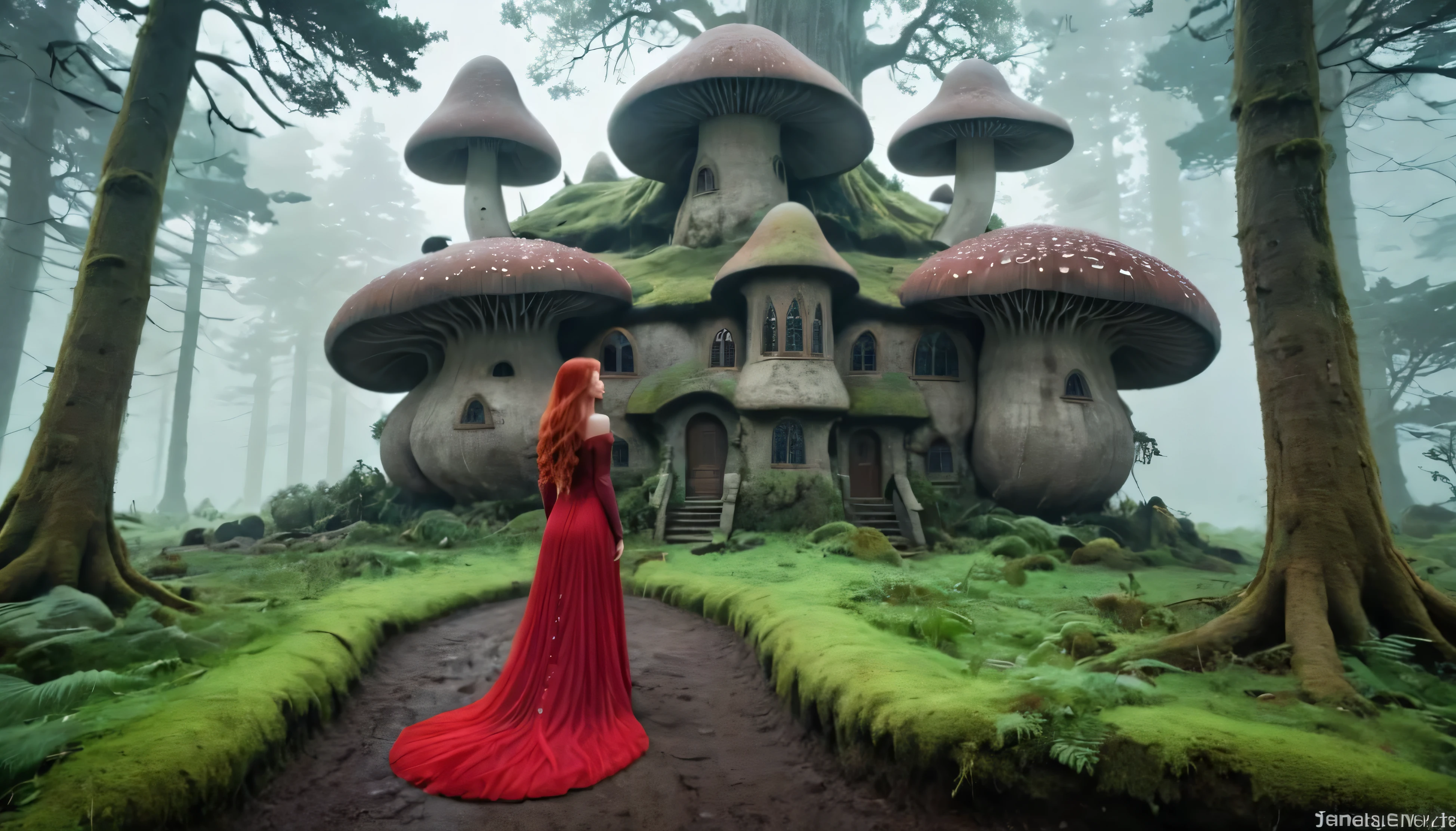 A magical house in the style of Morrowind, with ancient dark elven architecture featuring organic, curved shapes and intricate designs. The house is surrounded by a mystical alien landscape with towering mushrooms, twisted trees, and fog-covered ground. A beautiful and slender elven woman with long red hair, wearing a flowing red dress, stands in profile. Her elegant posture and mystical aura blend with the magical atmosphere. Photorealistic details like stone and wood textures are highlighted, with soft, moody lighting that creates a magical and mysterious atmosphere. The image should look like a professional photograph taken with a Nikon camera, capturing perfect depth of field, sharp focus, and high dynamic range. The house appears ancient and enchanted, blending into its mysterious environment, while the elven woman adds elegance and grace to the scene, lora:add-detail-xl:1, lora:Creat0rDet4ilz:0.6