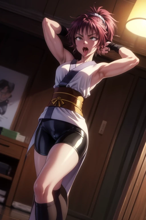 masterpiece, Highest quality,  Unreal Engine,  Super Resolution, Very detailed, 
Japanese Clothing,Runny nose,  Stick out your tongue, No underwear,Short hair, Small Breasts, No eyeballs, For the audience, Looking at the audience, tired, From below, (Exposed armpit:1.1), ((armpit:1.2)), Sweating, More and more sweat,(Aheiyan ), (翻White eyes), Open your mouth, Stick out your tongue, saliva, Drooling,Skinny, Raise your arms, (Raise your arms above your head:1.5), (muscle:1.2),White eyes, White eyes球, syncope, 翻White eyes, small head, Open your legs，Kneel down,black hair. 
Beautiful woman, March, short kimono, Heart, sash, Fingerless gloves, bike shorts, [sock,Over the knee socks,or, Ponytail,hair_ornament, Vivid expressions, Healthy body, Smooth skin texture, Carefully drawn, 

(humidity:1.5), Beautiful eyes, (Charming face:1.2), (Beautiful Skin), Tight waist, (Large Breasts), (Sweat), Dynamic poses, 

In the world of Hunter Hunter, Outdoor, Slums at night,