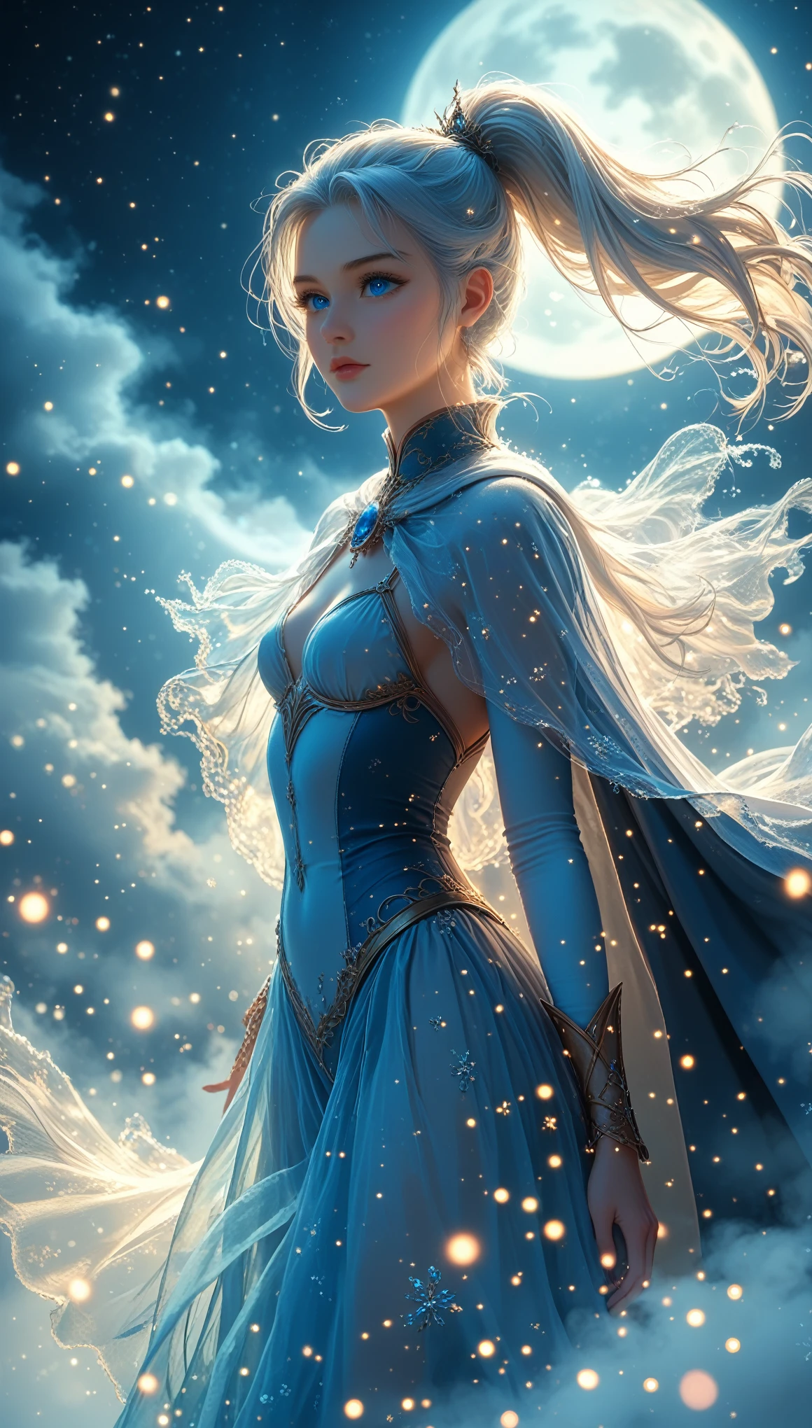 masterpiece, (Best quality: 1.2), (super excellent: 1.2), illustration, (Incredibly soft and beautiful: 1.2), film angle, floating, (Beautiful detailed eye: 1.1), (detailed light: 1.1), Film Light, Tender sky, woman, White hair, Blue eyes, (high ponytail: 1.1), cloak, sparkling eyes, (moon: 1.2), (moonlight: 1.1), Starry sky, (Light particles: 1.1), fog , snow picture, sketch, flowering,score_9, score_8_up, score_7_up, dramatic lighting, highly detailed, high budget, bokeh, cinemascope, moody, epic, gorgeous, film grain, grainy, masterpiece, best quality, perfect anatomy, very aesthetic, small breast, transparent clothing, official art, 8k, Shine, hkmagic,