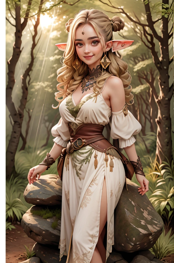 low angle, ((close up,portrait, on)),((sepia)),illustration,vision,landscape,door,(full focus: 1.5), (full body: 1.5), (standing with legs together: 1.2), (fantasy forest halfling with shiny light blonde hair in dynamic pose, smiling and dreamily sitting on rock: 1.3), ponytail girl,((alchemist outfit))(magic wooden wand),(big breasts: 1.3),gorgeous rick shoulder,gold earrings,fishnet stockings,twin buns,(stunning face, symmetrical clear eyes, detailed eyes and face, detailed body, on), 1 girl, late teenage, serious, updo, blonde hair,cinematic lighting, shining, ((sun rays trail through lush forest trees: 1.3)), frame, character chart, cheat sheet, high resolution, masterpiece, textured skin, ultra detailed, high detail, textured skin, high detail, high quality, award, best quality, high resolution, 32K