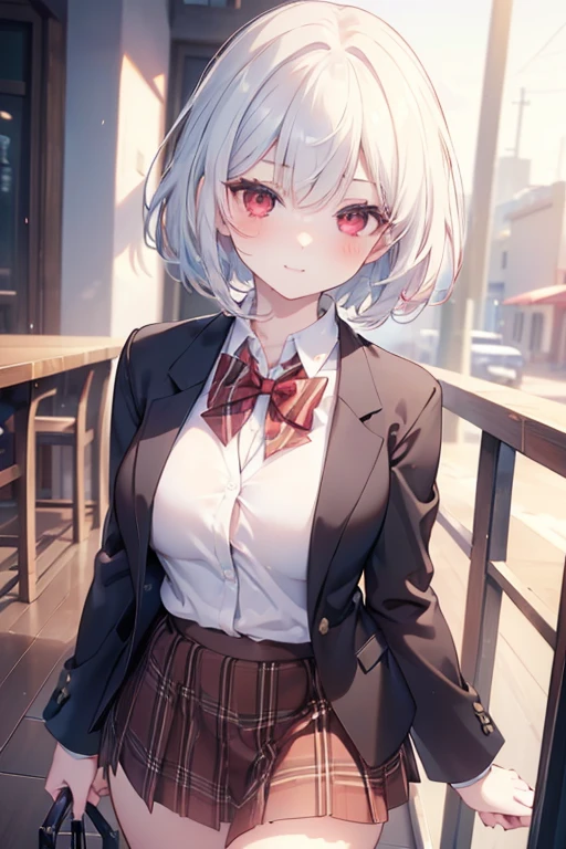 tall body, tall, long legs, mature female, mature, adult, EFT_Foodwars_Alice, 1girl, solo, necktie, short hair, red eyes, , striped necktie, upper body, shirt, red necktie, sweater, striped, white hair, big breasts