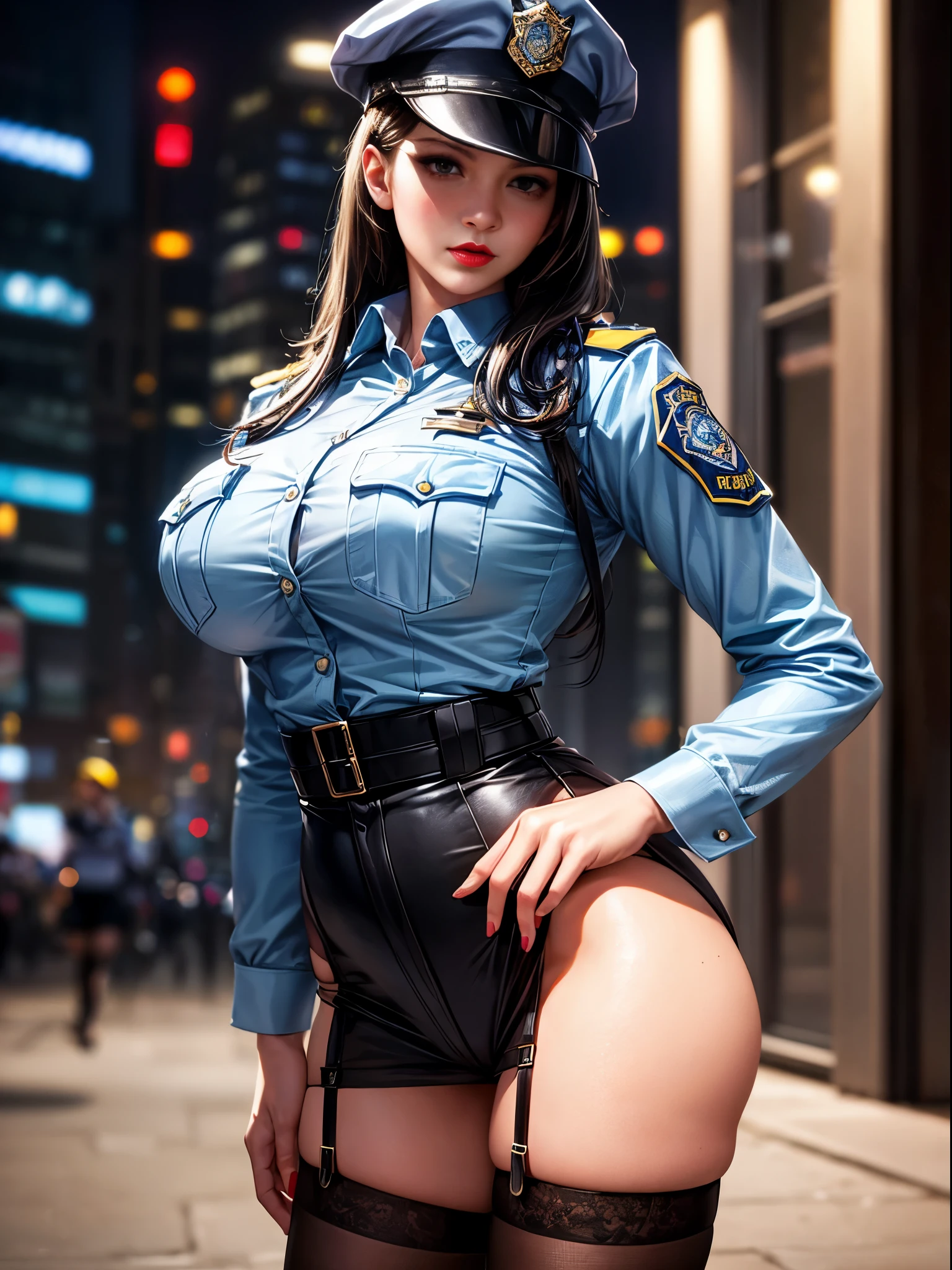 Solo, (Police Uniform, Policewoman), Stockings, City Lights, (Looking at the audience: 1.3), Lips Apart, Red Lips, Shiny Skin, Skin Dents, Best Quality, Ultra High Resolution, (Realism: 1.4), nsfw