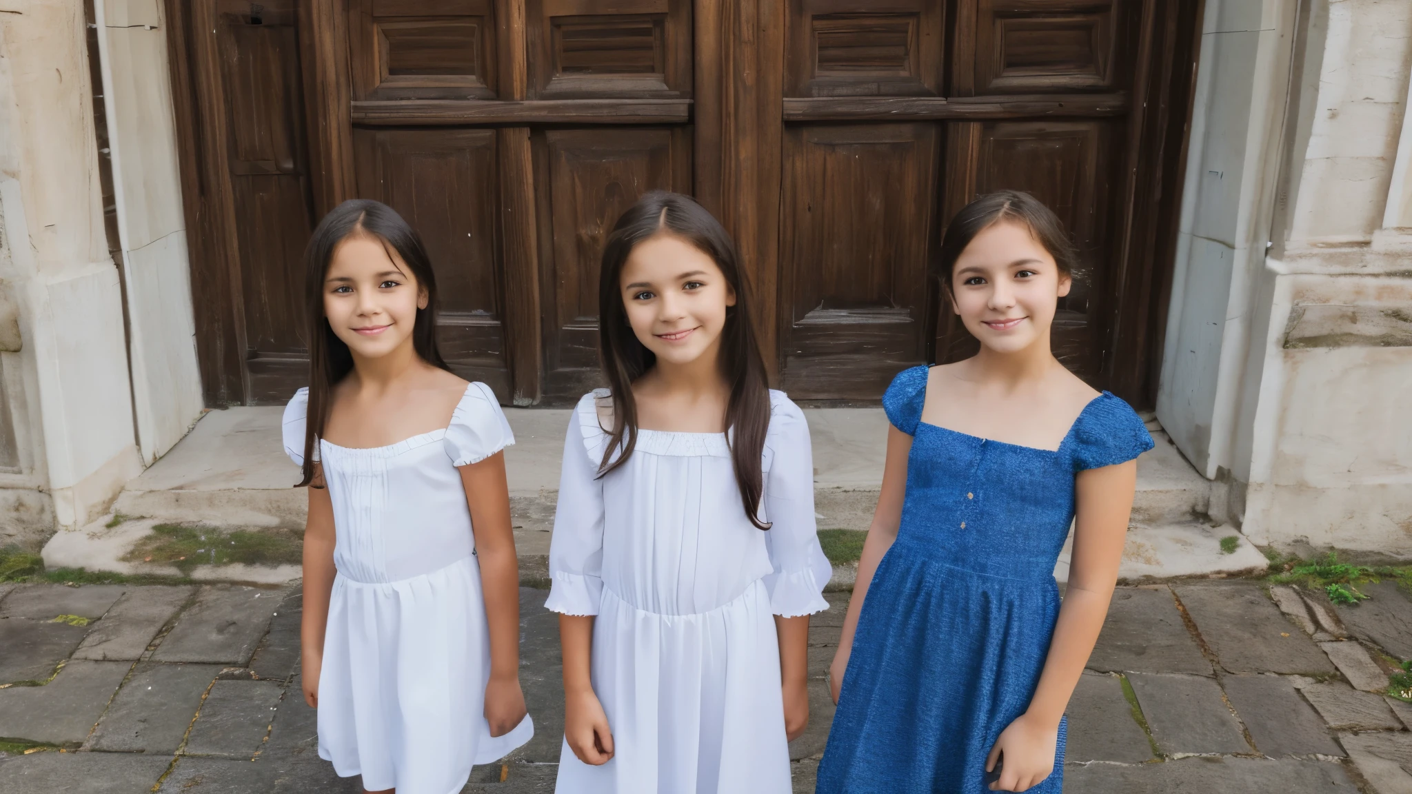 Please generate a realistic photo of two 5-year-old Polish girls standing side by side, holding a horizontal white blank rectangular cloth strip together. They are wearing skirts, looking forward with a smile, and their expressions are kind and gentle. The two stand side by side in a local Polish church, with a blurred sculpture of Jesus in the background. The church is real and natural, with a sense of space.