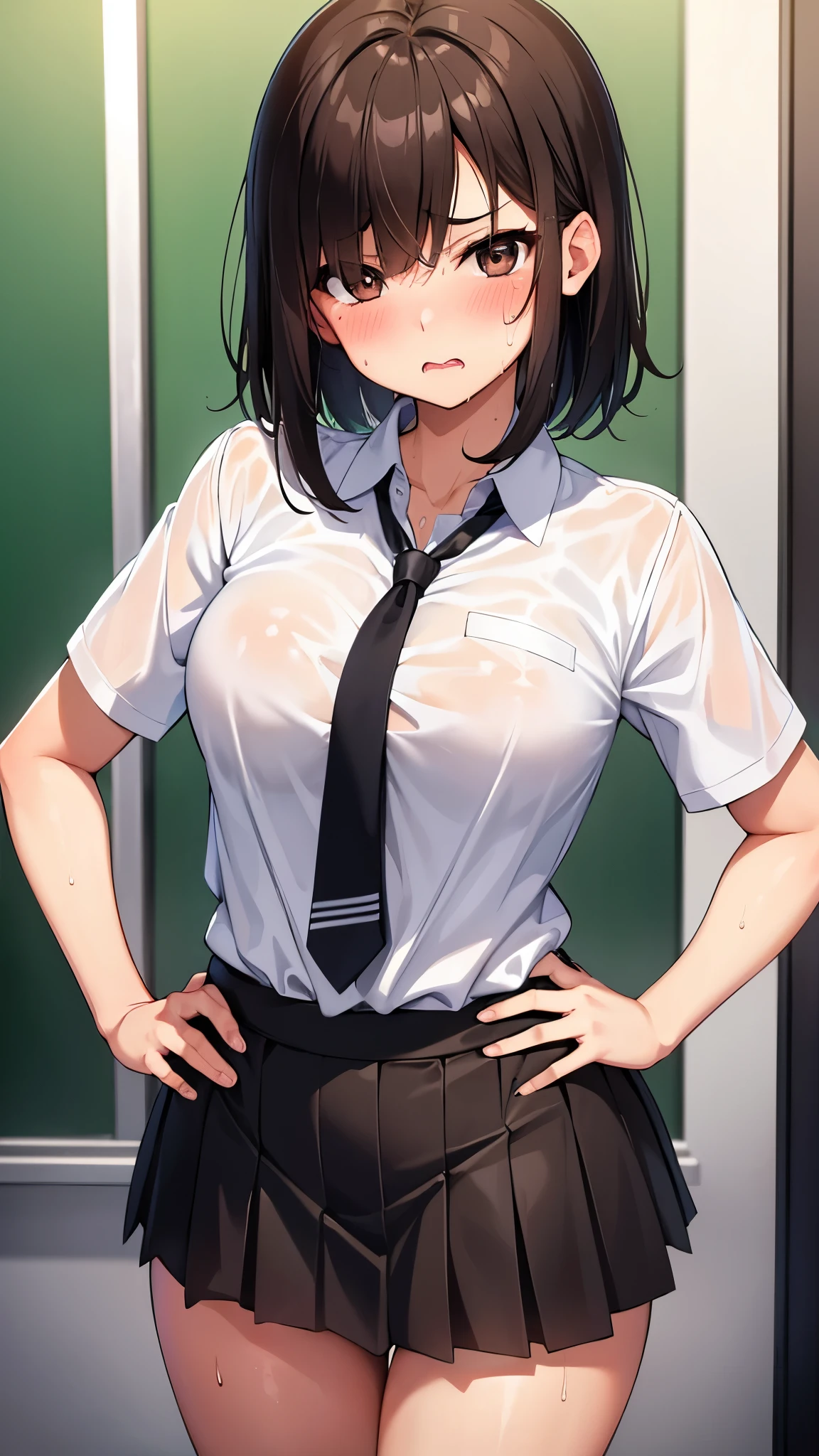 (1 person,alone), Beautiful woman, Anatomically perfect body, thin、(office lady、Short sleeve shirt、Loose bow tie, Highly detailed side tie panties), (Look down:1.2), (Pussy juice:1.1)、(Embrace your chest:1.2)、20-year-old、(highest quality)、Black Hair, short hair、 Messy Hair、Bedroom、(On the bed、Cutting seat:1.2), (8k, High resolution)、(shy:1.4)、(blush:1.1), Mid-chest, (steam:1.2), (embarrassed:1.2), Erect nipples