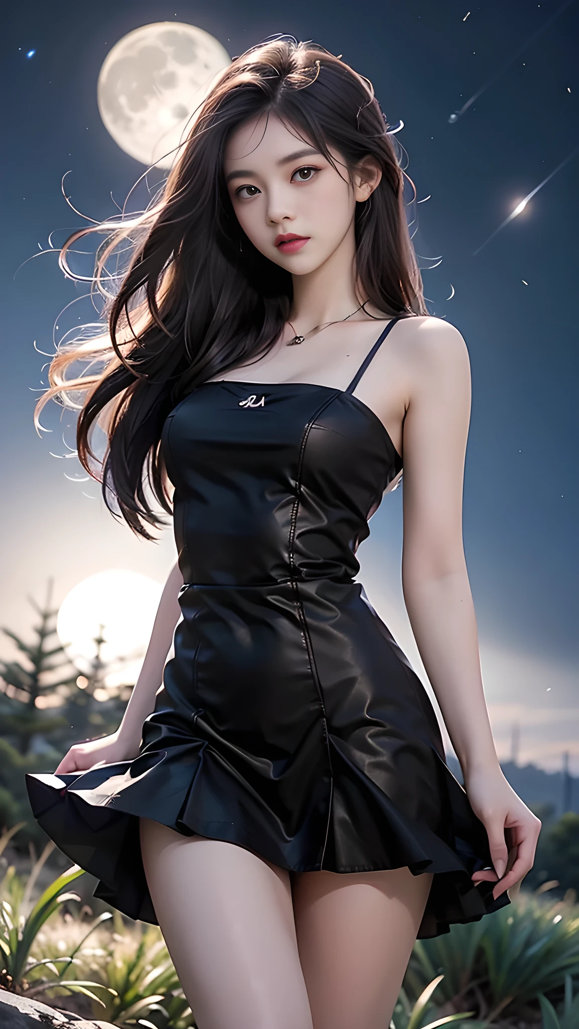 ulzzang-6500-v1.1, (RAW photo: 1.2), (Real photo), (Real photo: 1.4), 1 girl、Perfect anatomy、1、Looking at the camera、Medium length hair、dance dress, on the pine hill at night, with stars and moon, ((on the pine hill at night: 1.1))、(Business service)、Asian eyes Ella,