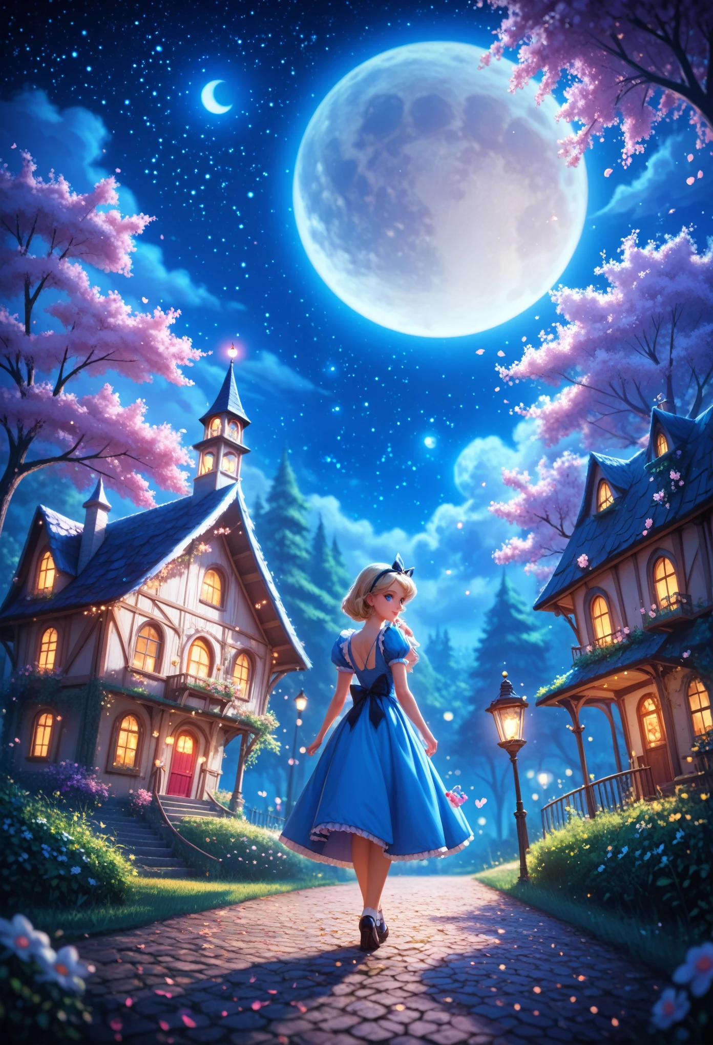 blue and white theme, fantastic мир 1 сексуальная девушка, One, One, black lace dress, looking back, walking through the forest, house, tree, street lamp, moon, starry sky, bright, magic, fantastic, night sky, moon, stars, background, Alice in Wonderland , One, very beautiful, Cute, Cute,\(symbol\ ), Pixie, Pixieв арт, masterpiece, best quality, super detailed, Whitetown (art, inspired by Bill Sienkiewicz) 
