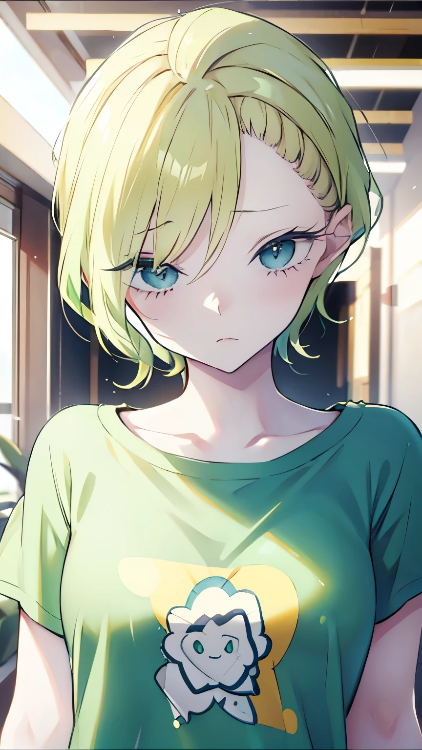 Green short hair, yellow eyebrows, blue eyes, surprised and embarrassed, 2 female, heart hairpin, off-shoulder T-shirt